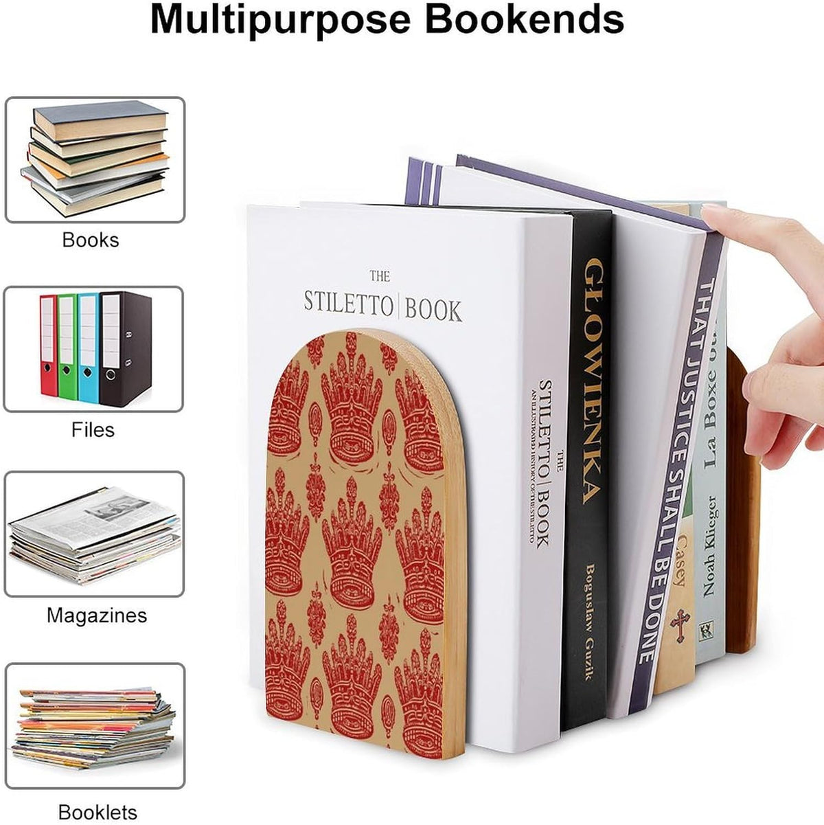 Red Crown Wooden Bookend Non-Slip Book Ends Heavy Duty Book Stopper with Metal Base Books Holderd Decorative Bookends Stands Firmly for Office Supplies