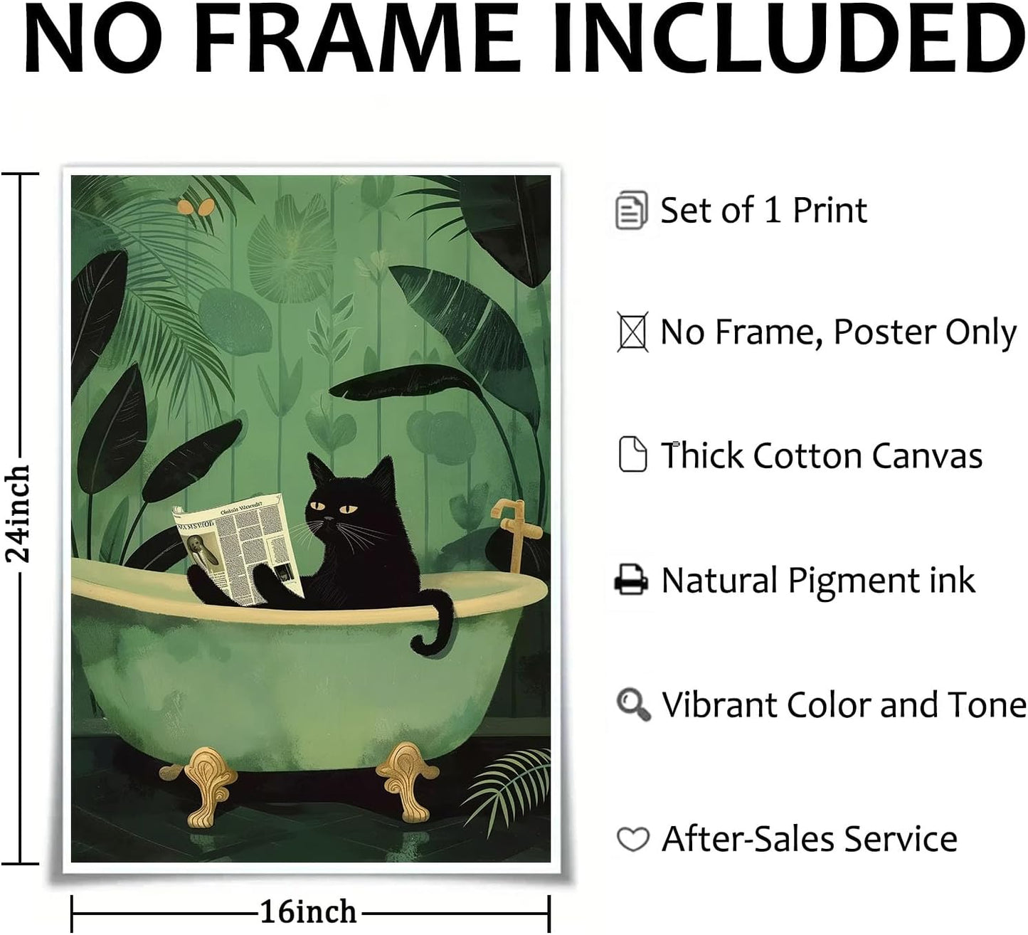 Funny Black Cat Wall Art Bathroom Cute Black Cat Reading Newspaper Picture Animal Bathtub Art Green Small Trendy Paintings Aesthetic Washroom Bathroom Wall Art Trendy Animal Poster 16x24inch No Frame