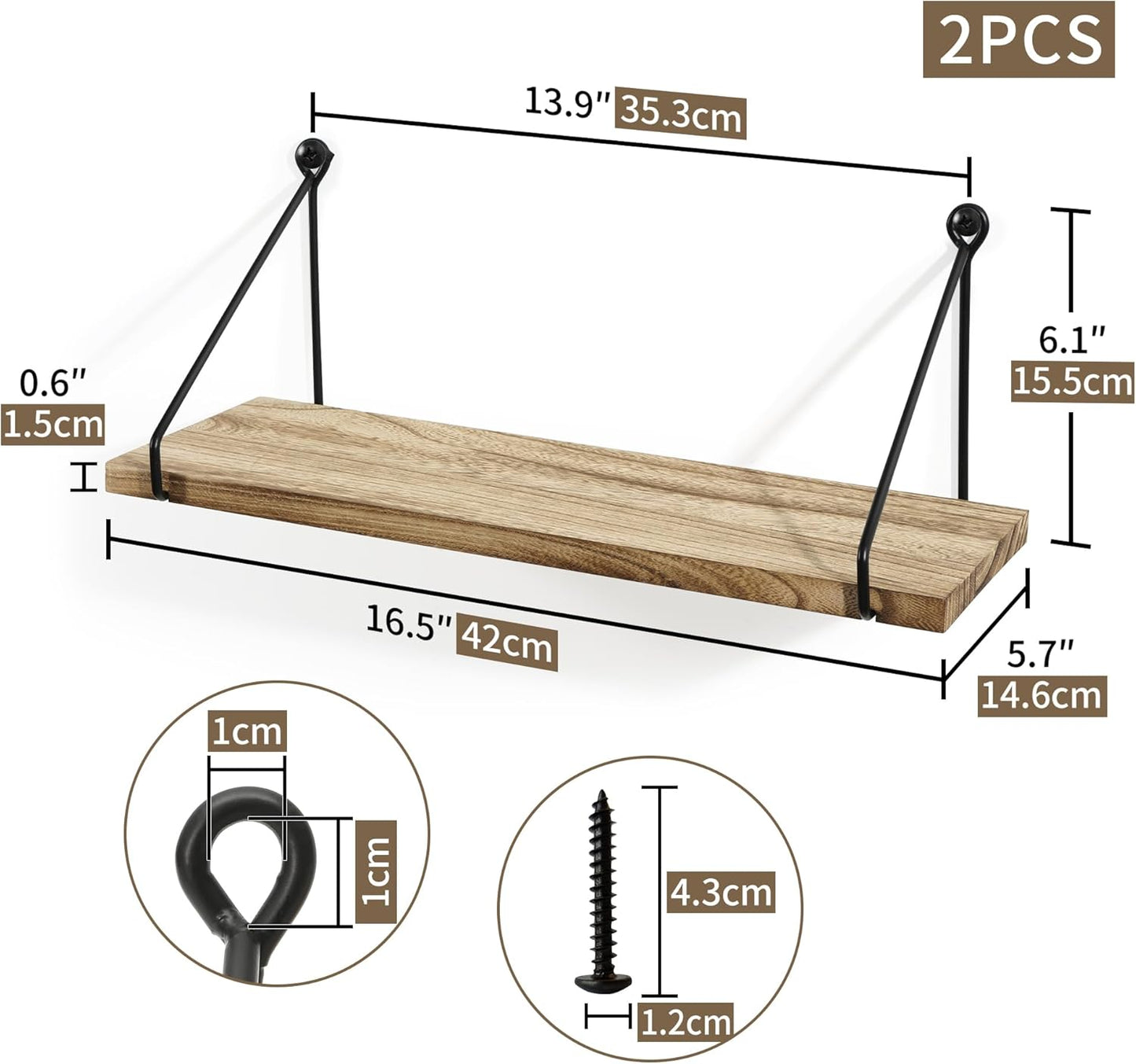 Sapowerntus Floating Shelves Wall Mounted Shelf Rustic Light Wood Bathroom Bedroom Kitchen Hanging Storage Organizer with Triangle Metal Brackets Farmhouse Living Room Office Home Decor Set of 2