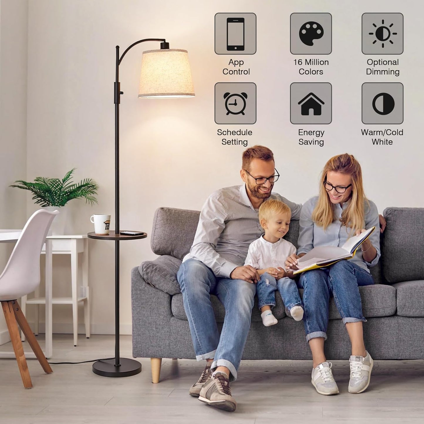 AIDENOEY Smart Floor Lamp with Side Table | Stepless Dimming, RGB Multi-Color | Adjustable Swivel Head | Voice Control with Alexa & Google Assistant |Black Lamp for Living Room,Bedroom,Home Office