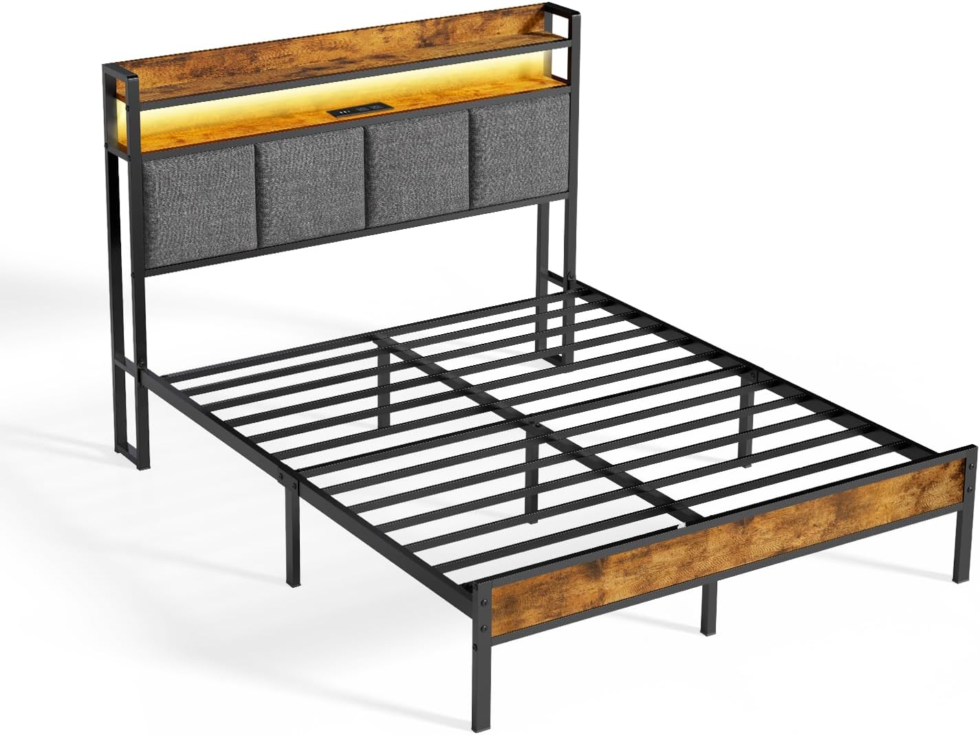 Full Bed Frame with LED Light &Charging Station, Metal Platform Bed with 2-Tier Shelves & Under Bed Storage, Upholstered Headboard&Footboard,No Box Spring Needed,Noise Free,Easy Assembly,Vintage Brown
