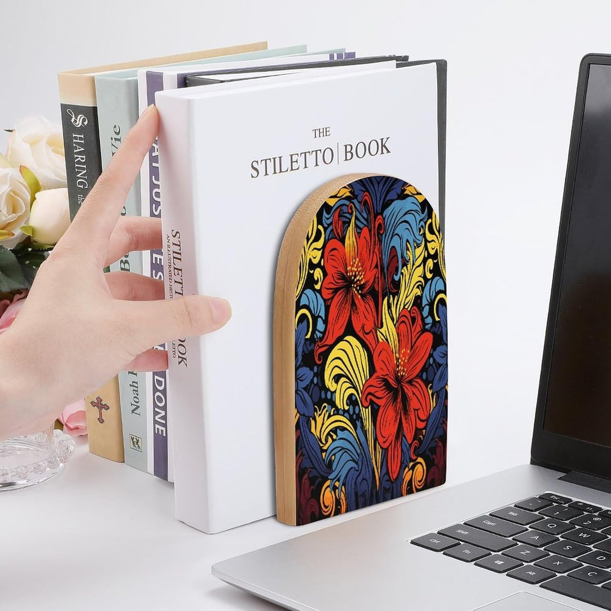 Red and Yellow Style Wooden Bookend Non-Slip Book Ends Heavy Duty Book Stopper with Metal Base Books Holderd Decorative Bookends Stands Firmly for Office Supplies