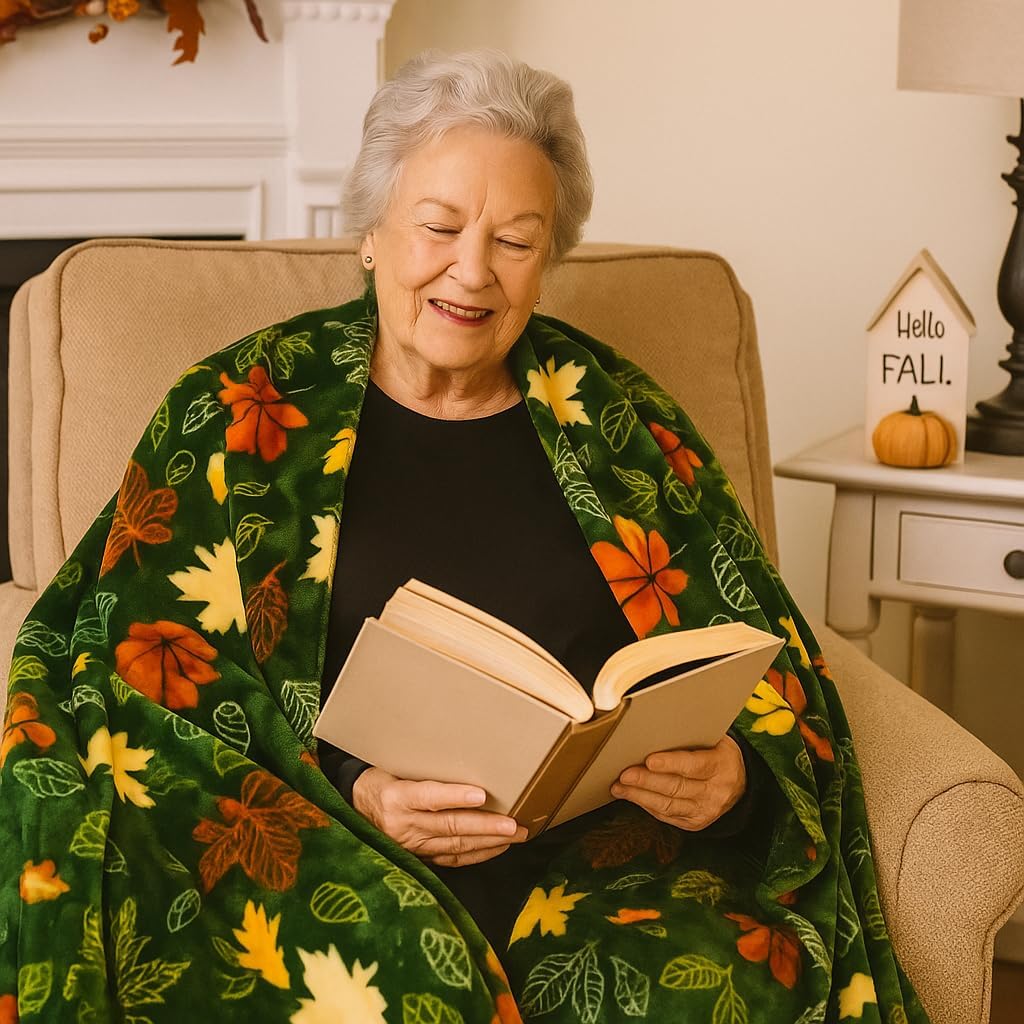Fall Leaves Throw Blanket: Velvety Soft, Durable Fleece Accent for Bed Chair or Couch, Green Yellow Rust 50 x 70 inches