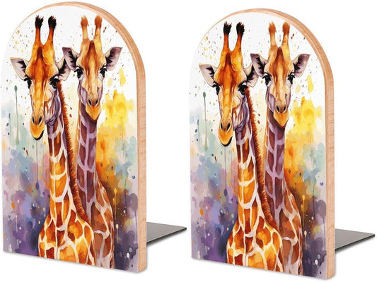 Watercolor Giraffes Bookend for Shelves Wooden Book End Large Size Sturdy Book Holders Stoppers with Metal Base for Bookshelves Slick Decorative Bookends Stands