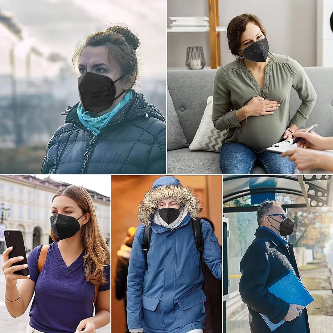100PCS KN95 Black Face Masks 5 Layer Filter Efficiency≥95% with Elastic Ear Loop and Nose Bridge Clip Breathable Mask