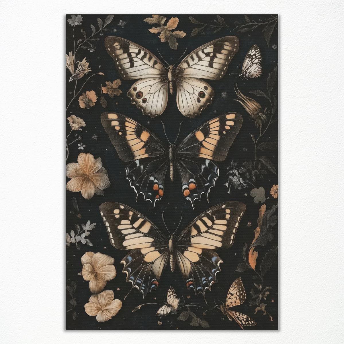 Butterfly Floral Canvas Wall Art, Moody Moth Poster for Room Aesthetic, Dark Academia Butterflies Wall Art, Gothic Rustic Botanical Flowers Picture, Maximalist Goth Art Print 8x12in Unframed
