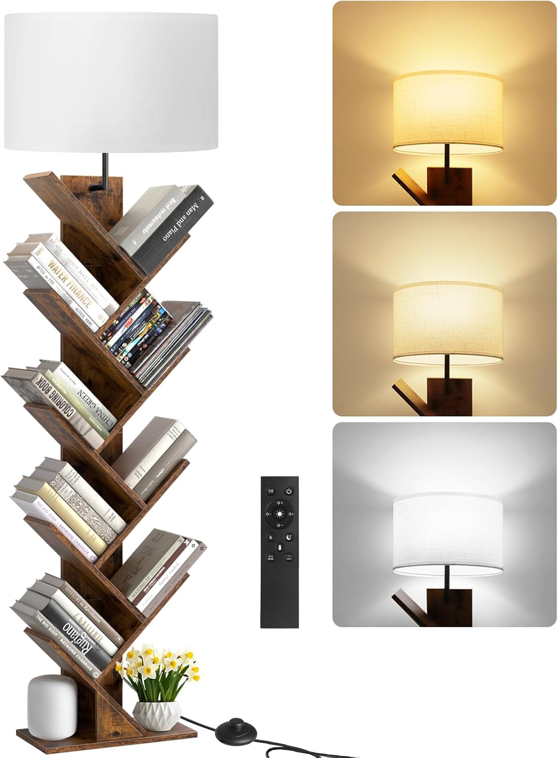 9 Tier Tree Bookshelf with Light, Remote & Timer, Modern Tall Floor Standing Book Shelf, Narrow Wood Bookcase, Small Book Organizer Shelves for Living Room, Bedroom, Office