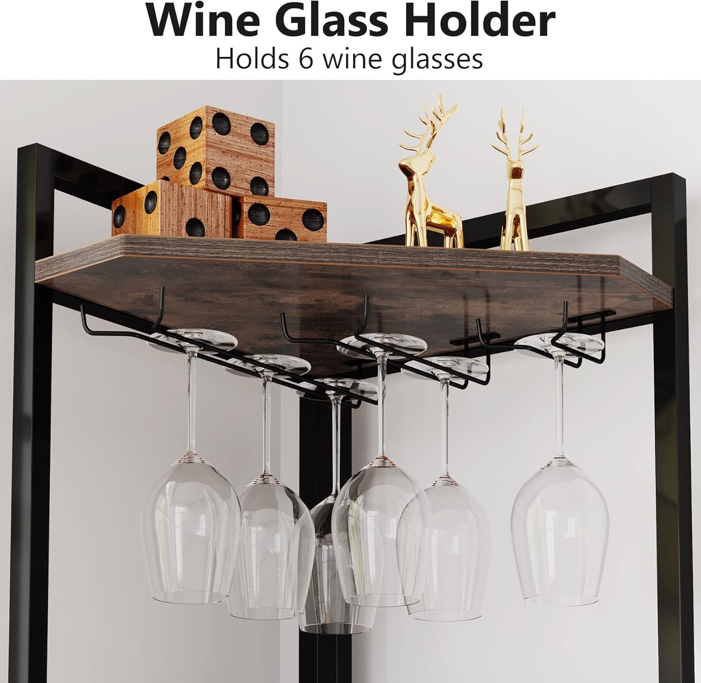 LITTLE TREE Corner Wine Rack Freestanding Floor Corner Bar Shelf with Glass Holder for Small Space, Brown