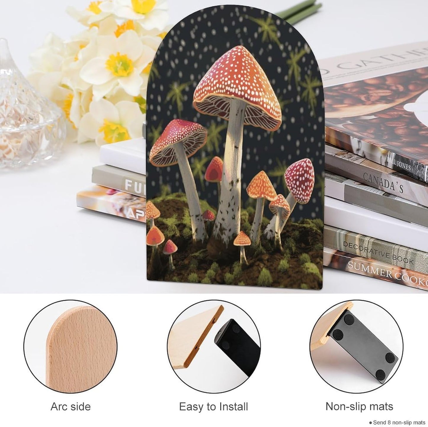 Mushroom Bookend for Shelves Wooden Book End Large Size Sturdy Book Holders Stoppers with Metal Base for Bookshelves Slick Decorative Bookends Stands