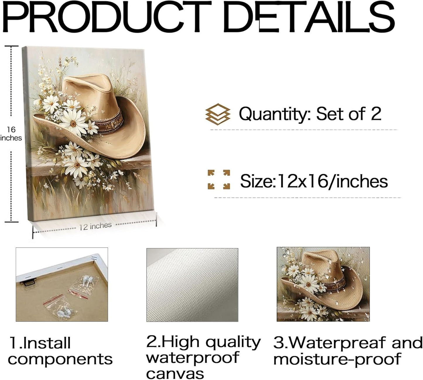 Frimeeme 2 Piece Set Framed Floral Cowgirl Footwear Canvas Wall Art,Cowboy Hat and Boots Canvas Prints,for Girls Bedroom Living Room Dorm 12x16 inch