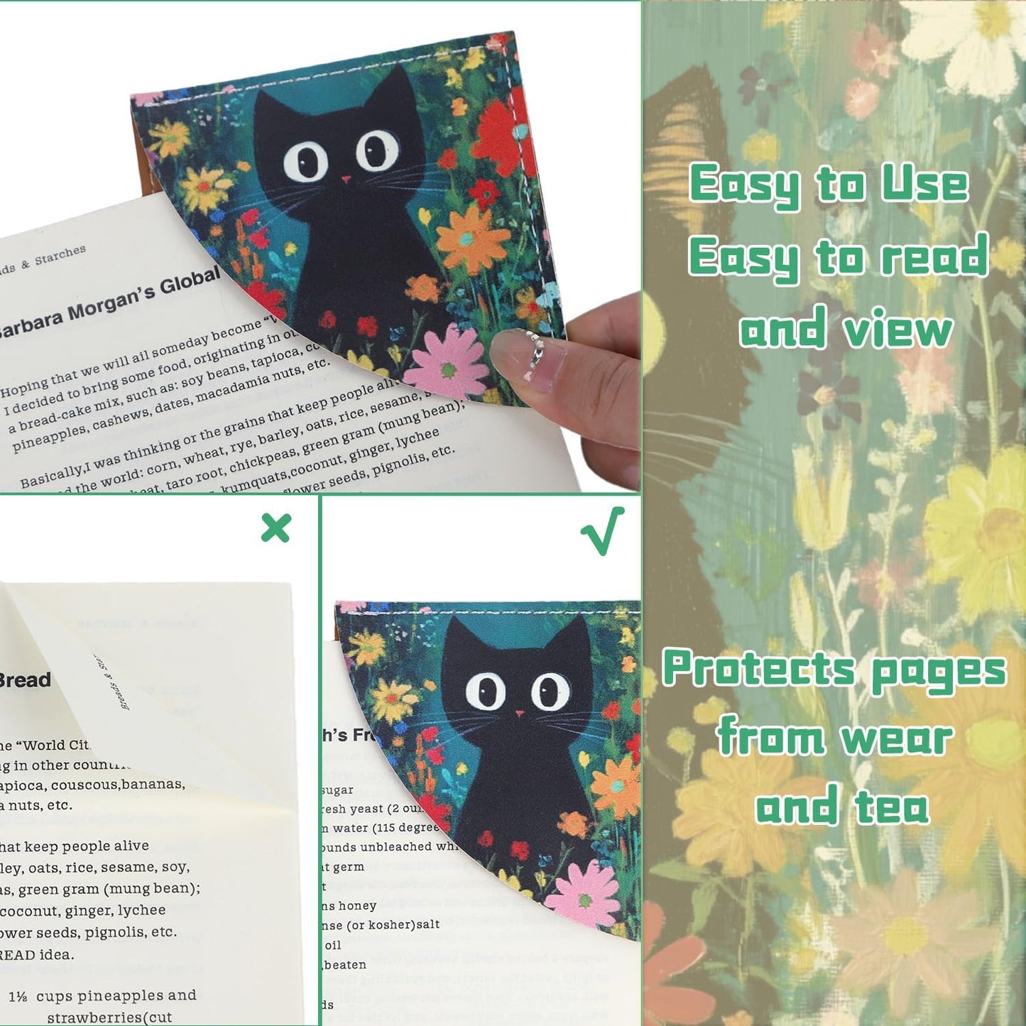 Black Cat Corner Bookmark - 4Pcs Black Cat Floral Leather Bookmark Animal Flower Plant Reading Book Page Markers for Women Men Book Lovers Reader Teacher Students Bookish Birthday Gifts