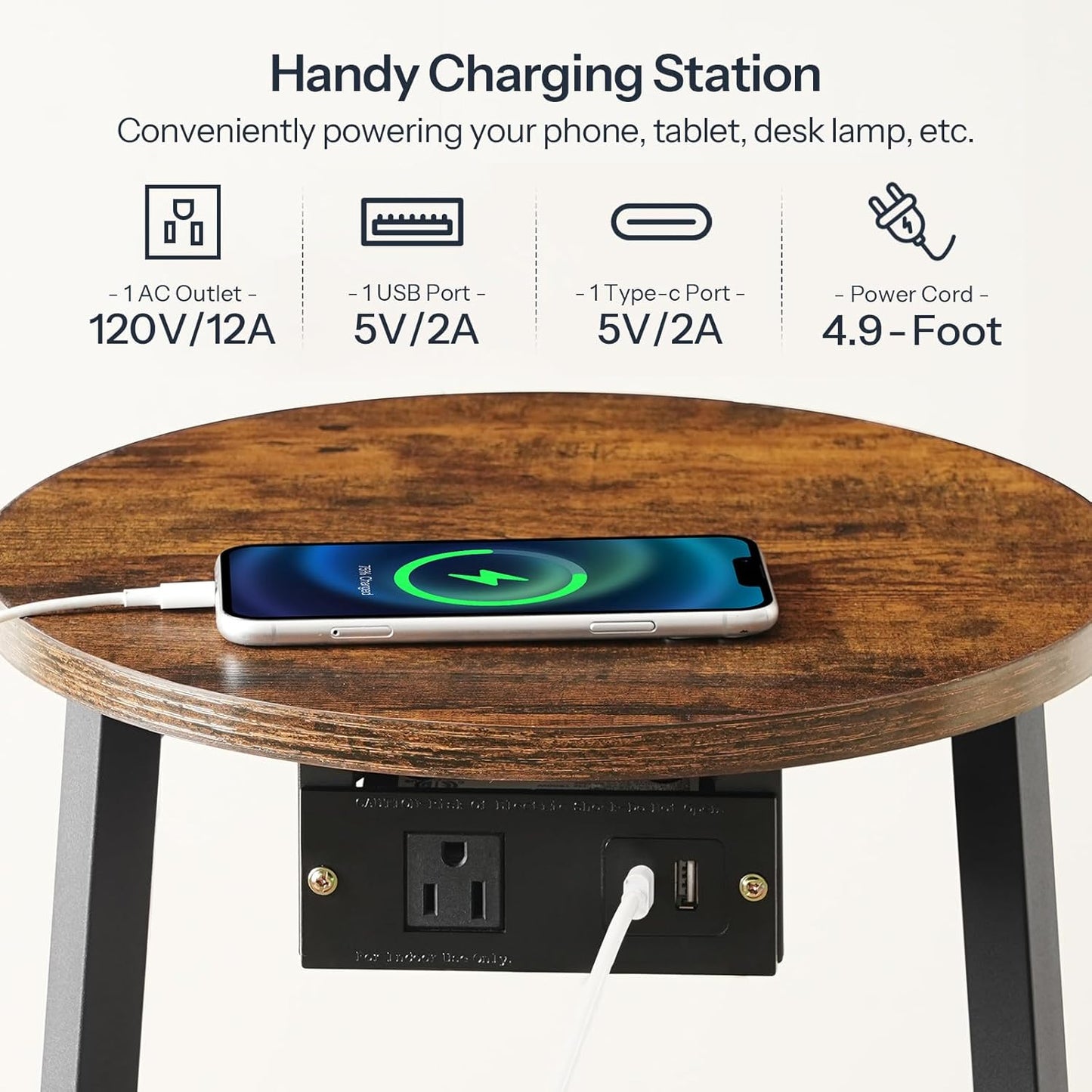 HOOBRO Small Round Side Table with Charging Station, Round End Table with Cotton Linen Storage Basket, Compact Sofa Side Table Nightstand for Small Space, Corner, Living Room, Rustic Brown BF169UBZ01