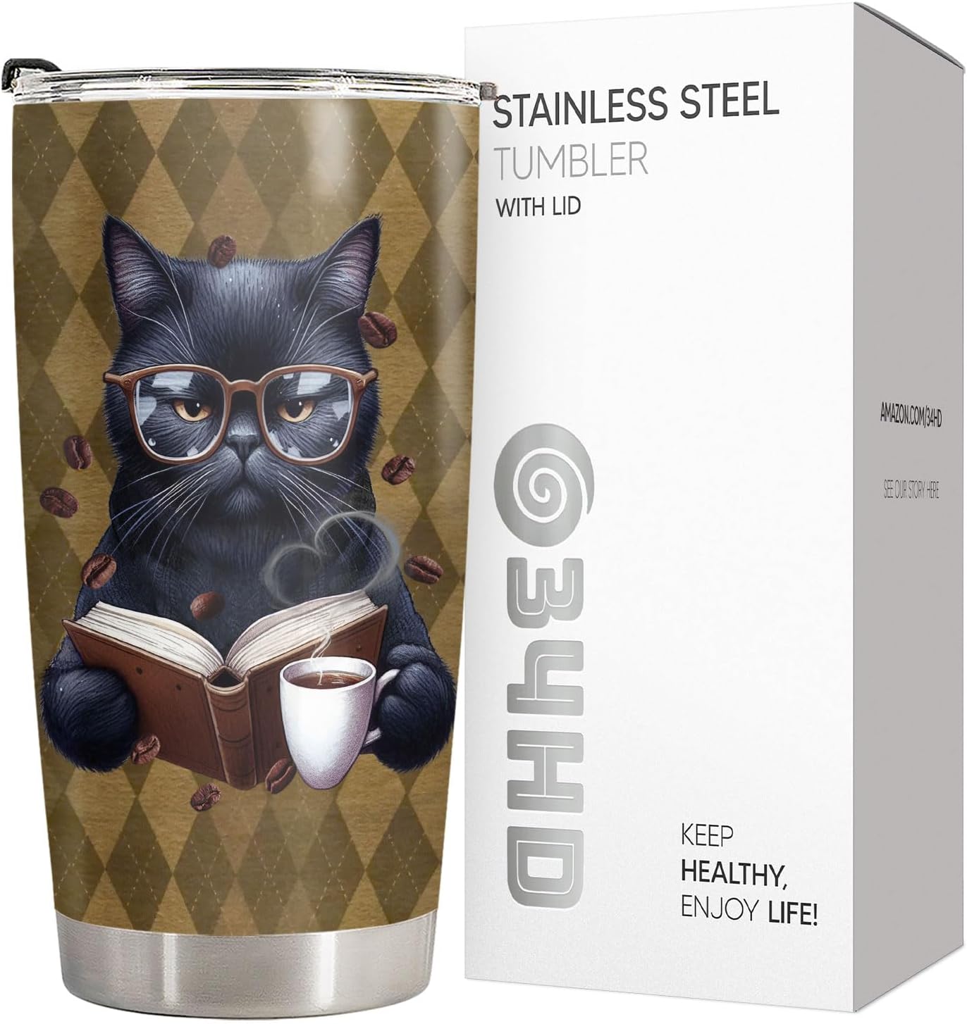 34HD Cat Bookish Tumbler 20oz Stainless Steel Insulated Travel Coffee Cup - Funny Book Lover Gift for Feline Mom on Birthday, Mother's Day & Christmas