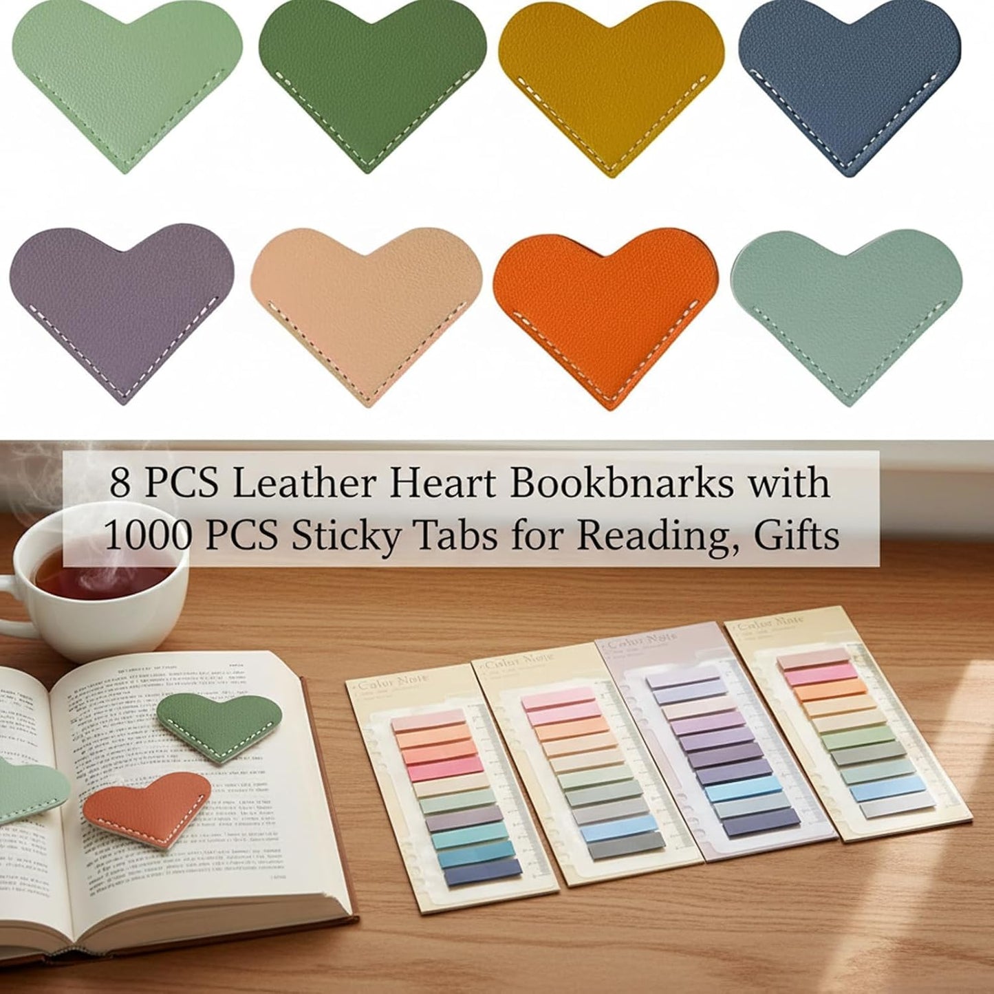 8 PCS Cute Heart Bookmarks with 1000 PCS Sticky Tabs for Reading, Tuuiimo Leather Book Mark Corner Page Markers Learning Kit, Gifts for Book Club Lovers, Teachers, Family, Friends, Women