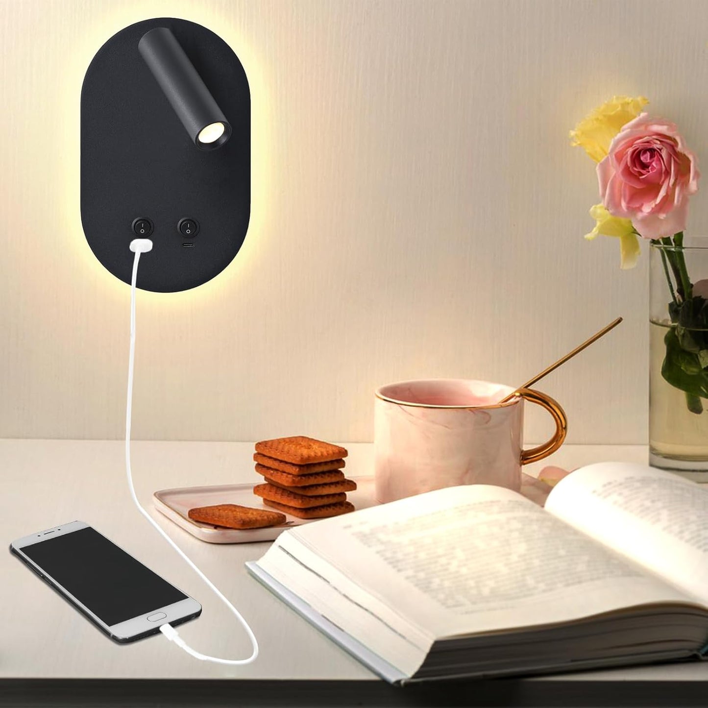 Wall Lamp Plug in Hardwired 2 in 1 Wall Sconces, Wall Mounted Reading Light with USB Type C Ports, Adjustable Bedside Headboard Spotlight, Bedside Lamp with 9W+3W Night Light 3000K (Black)