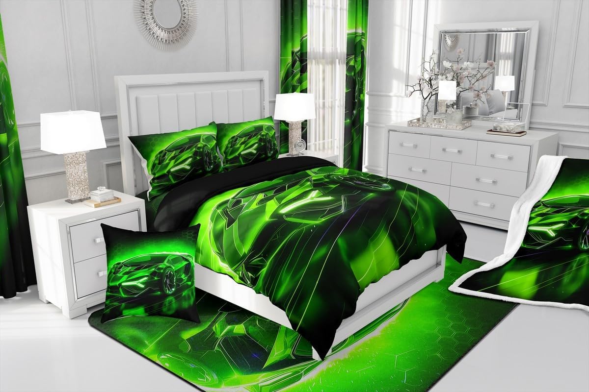 Feelyou Kids Boys Race Car Fleece Throw Blanket Green Sports Car Sherpa Blanket for Kids Teens Boys Girls Extreme Sports Theme Plush Blanket Speed Luxury Car Fuzzy Blanket for Sofa Bed Couch 60"x80"