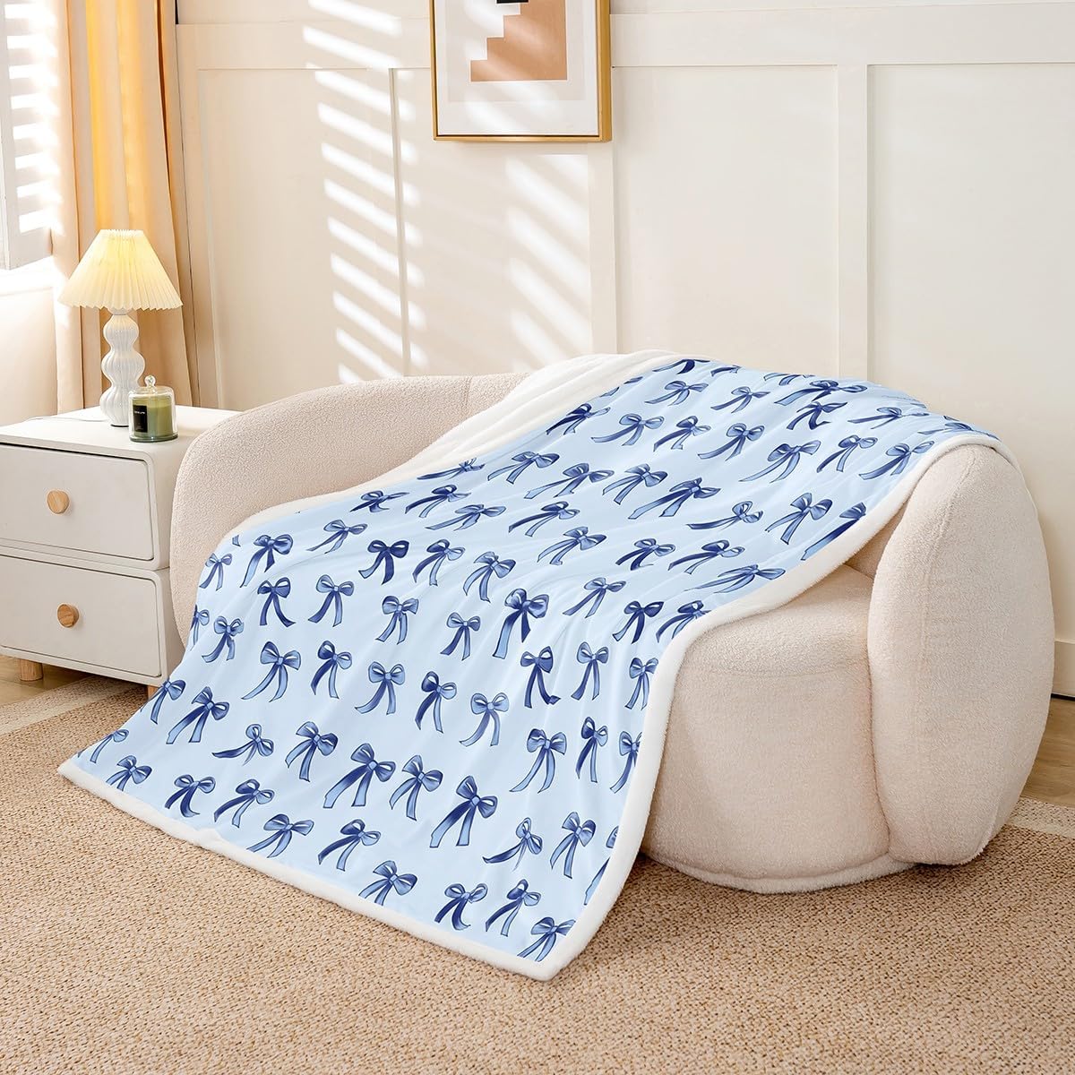 Erosebridal Bowknot Blanket Throw Size, Kawaii Simple Bows Microfiber Cozy Throw Blanket, Cute Cartoon Dreamy Printed Kids Teens Fleece Blanket for Sofa Bed, Baby Blue Ribbon Fluffy Sherpa Blanket