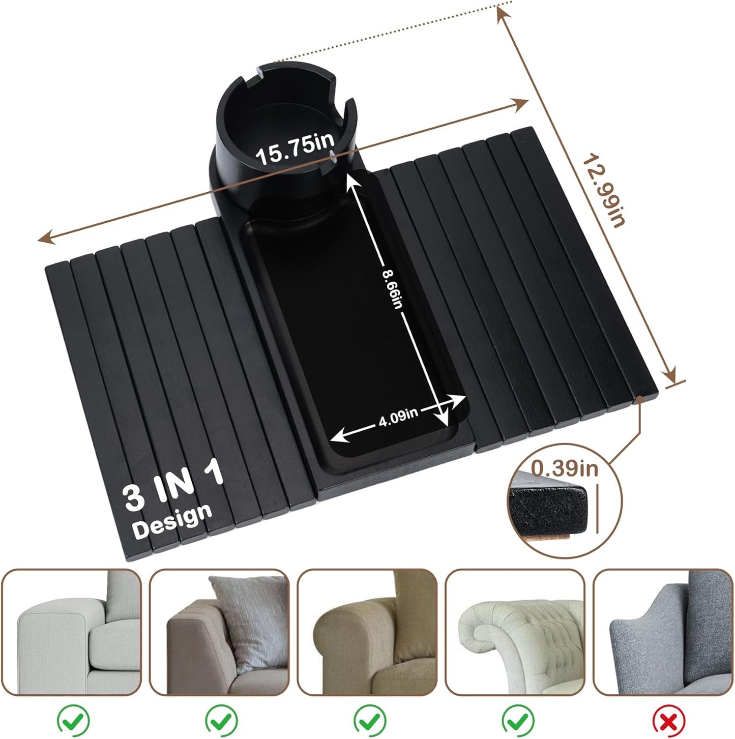 Couch Cup Holder Tray for Armrests Over 4.9" Wide, Bamboo Couch Arm Tray with 360° Rotating Phone Stand, 3 in 1 Foldable Sofa Arm Tray Table for Remote, Snacks, Phone, Drinks Black