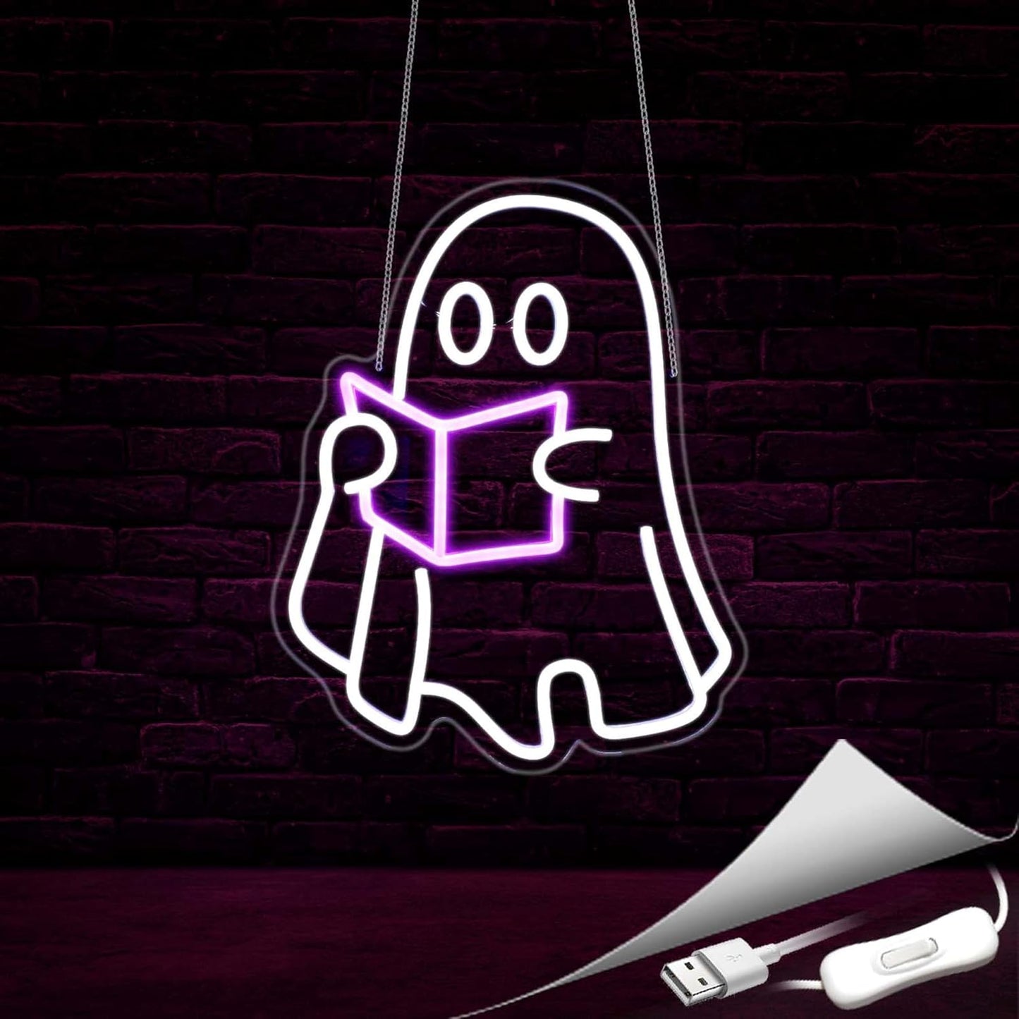 Reading Ghost Neon Sign, Neon Signs for Wall Decor Neon LED Signs Room Neon Light Up Signs Home Decor for Bedroom Club Party Bar Shop USB Operated