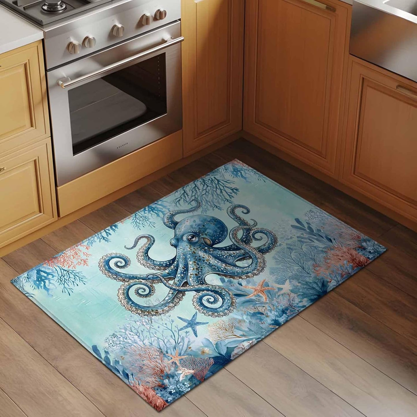 2x3 Ft Entryway Area Rug, Coastal Octopus Blue Kitchen Rug Runner Washable Floor Mat, Summer Beach Nautical Coral Starfish Non Slip Indoor Door Mat Throw Carpet for Bathroom Living Room