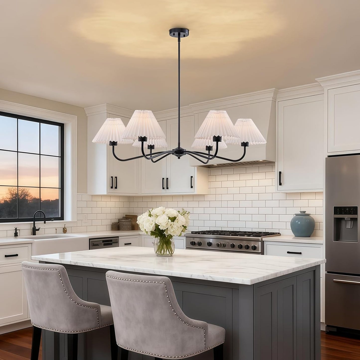 35.8'' Modern Farmhouse Chandelier with White Pleated Fabric Shades, 6-Light Black Hanging Pendant Light Fixture for Dining Living Room Kitchen Island Bedroom Foyer E26 Base