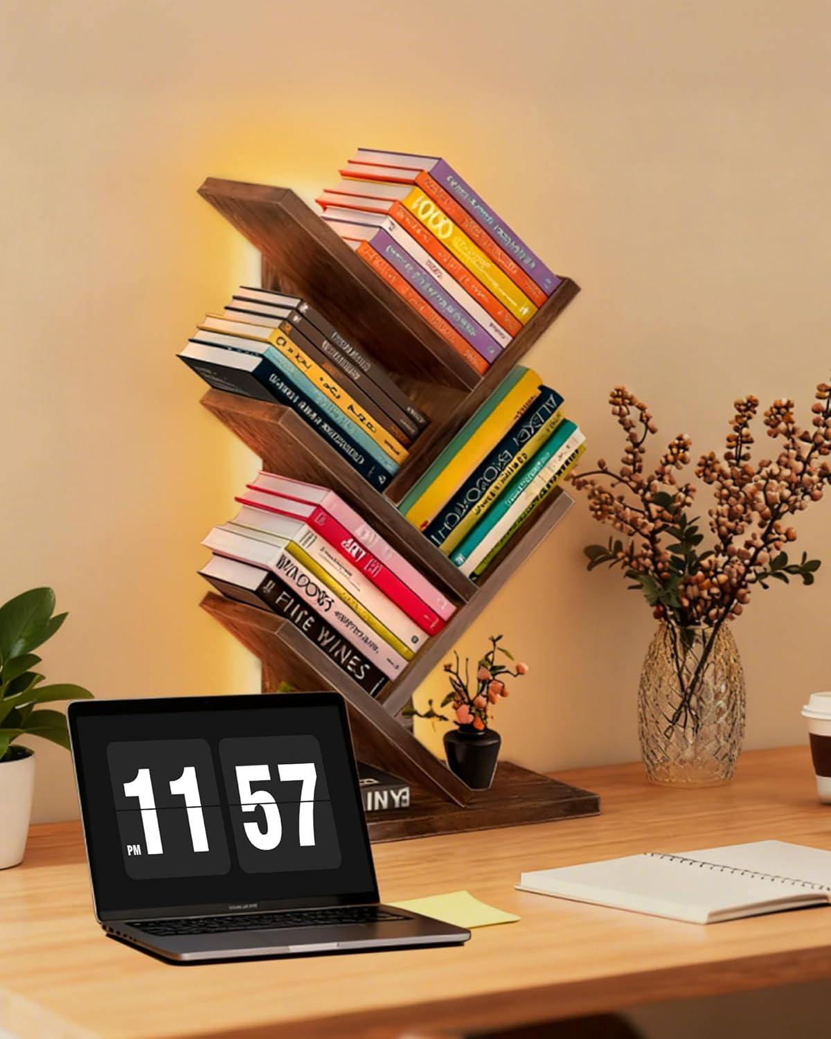 Godferyxin Tree Bookshelf with Liting,Small Bookshelf LED and Desktop Book Shelf for Office, Home or School Mini Bookcase for Wood Displaying Books, CDs, Magazines Wood Shelf Rack