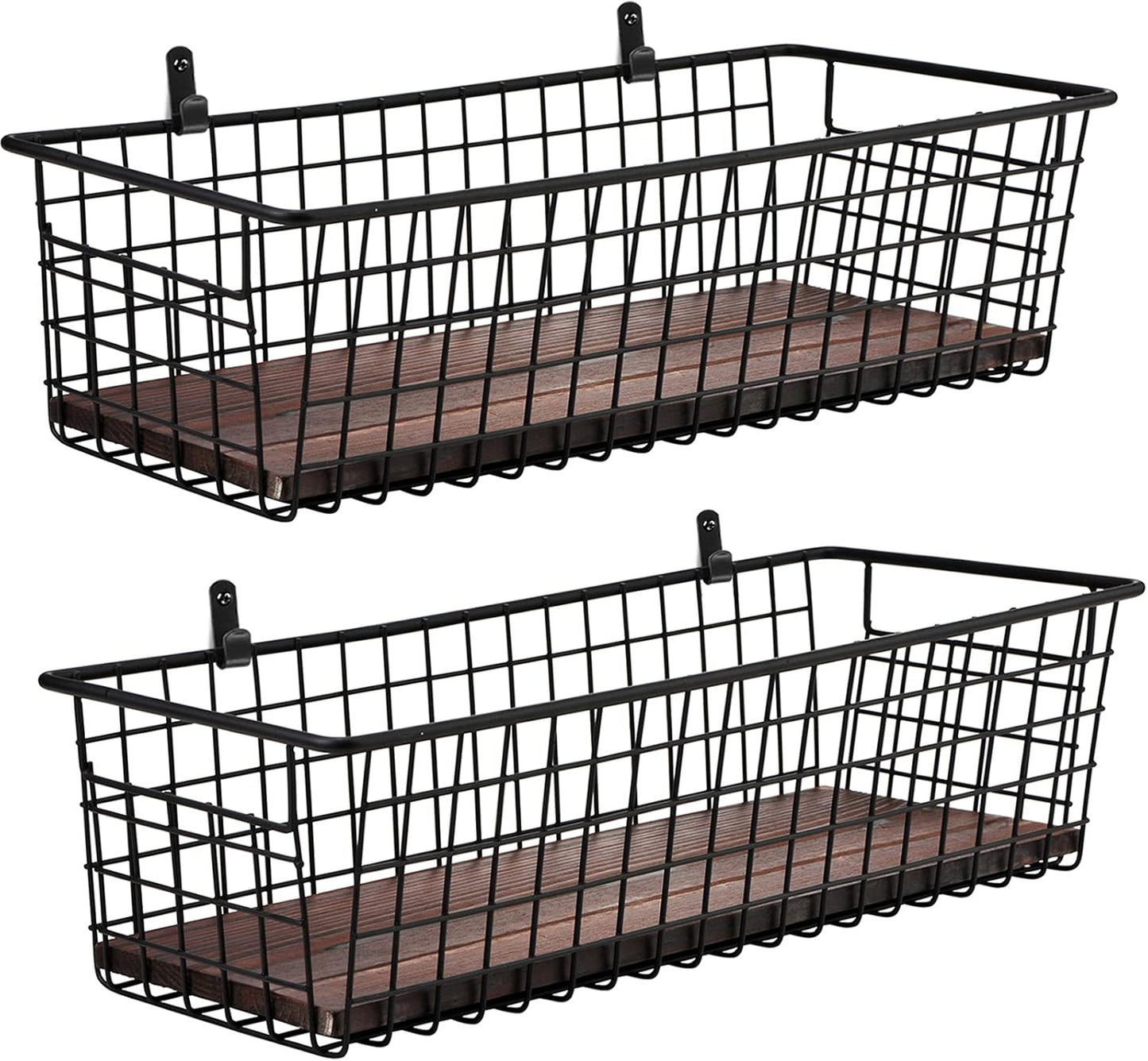 SheeChung 2 Set [Extra Large] Portable Metal Farmhouse Wall Decor Storage Organizer Basket Bin with Handles & Floating Shelves for Hanging in Bathroom, Kitchen, Office-Wall Mount Hooks, Black