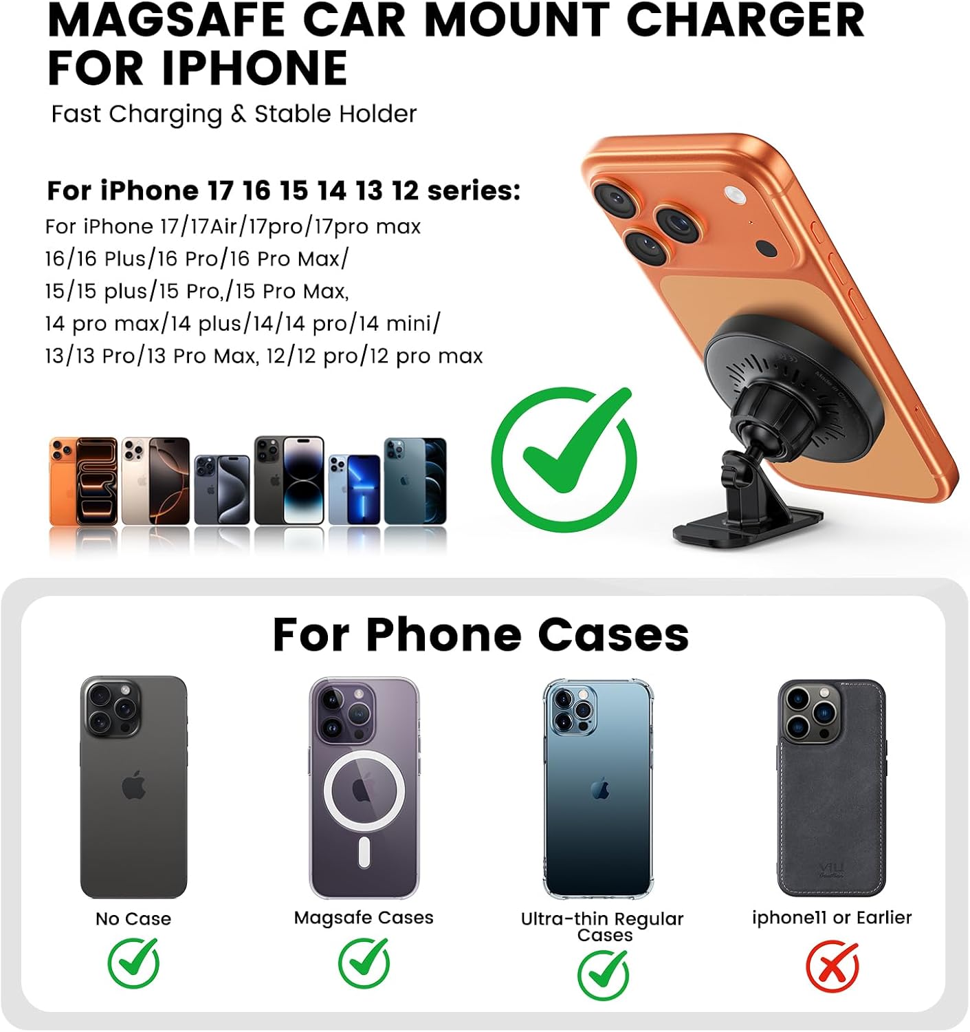 Mag-Safe Car Mount Charger 15W Magnetic Wireless Car Charger for iPhone 17 Accessories Magnetic Phone Holder for Car 3 in 1 Mag Safe Car Mount for iPhone17Pro/16/15/14/13/12 Series Gifts for Men Women