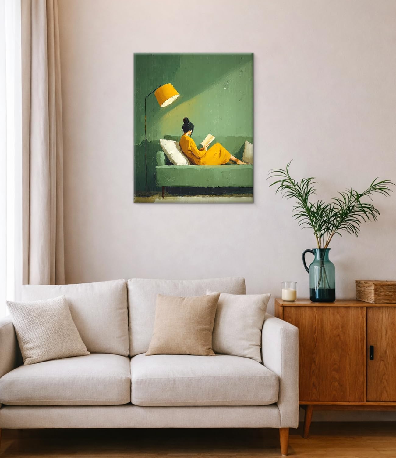 Vintage Woman Reading Green Wall Art Print - Green Bookish Woman Canvas Poster Painting - Book Lover Gifts Wall Decor for Home Reading Nook 8x10 Inch Framed