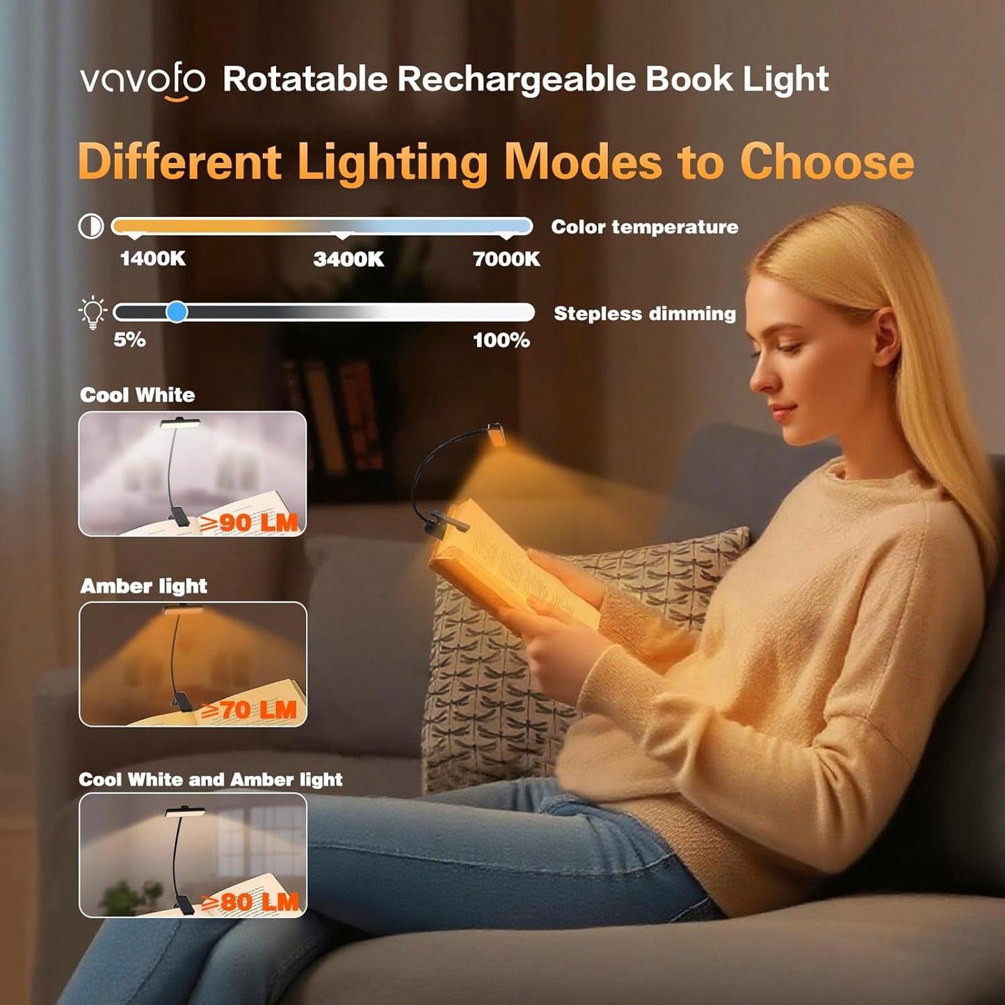 VAVOFO Rechargeable Book Light Rotatable：24 LEDs Reading Light, 3-Color & 9-Brightness Book Lamp, Eye Cared 120Hrs Runtime Lightweight Clip on Led Light for Book Lovers (Black)