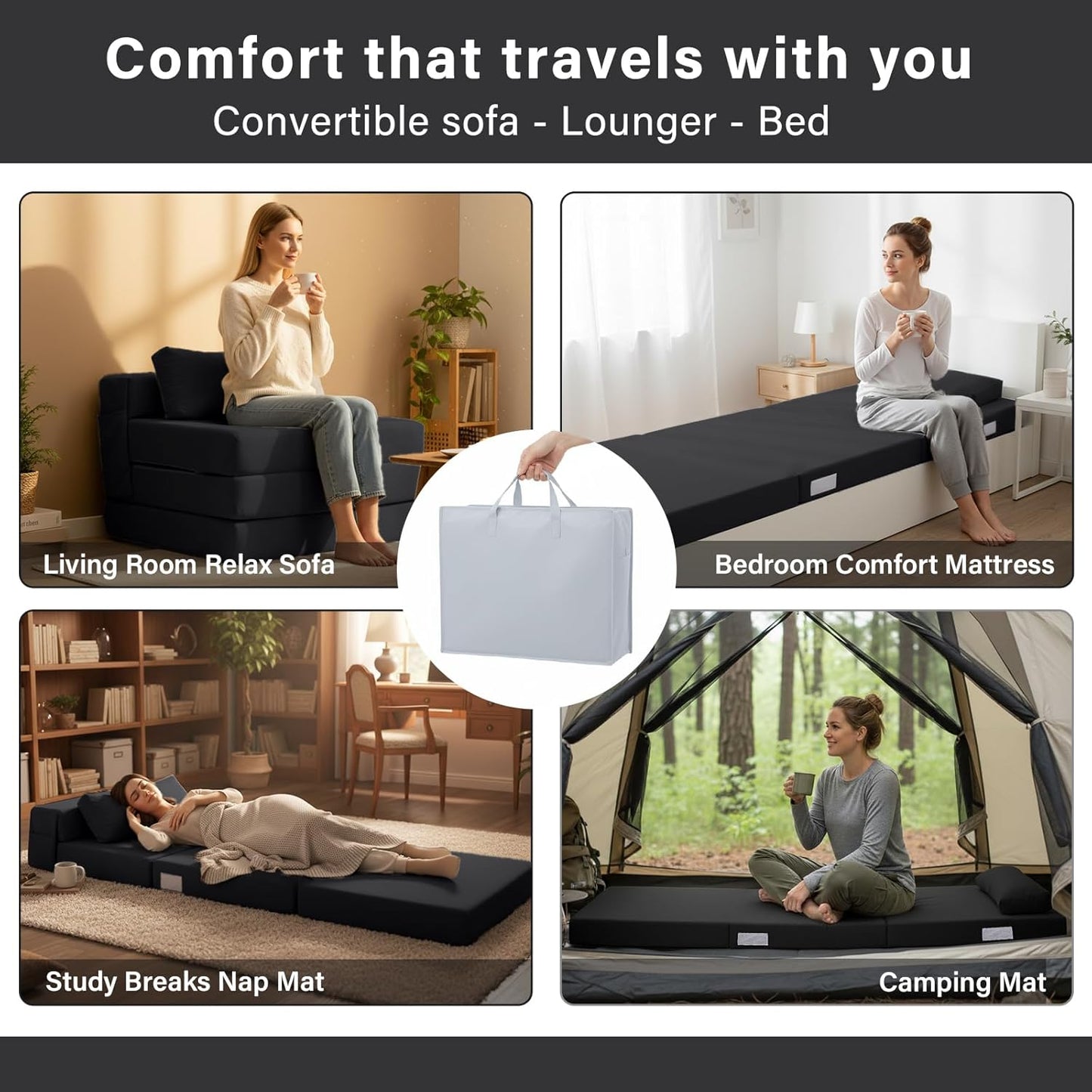 Tiita Folding Sofa Bed-Convertible Sleeper Chair with Storage Bag, Tri Foldable Mattress with Pillow, Portable Fold Out Chair Bed Floor Sofa for Living Room/Dorm/Guest Use/Travel, Single Size, Black