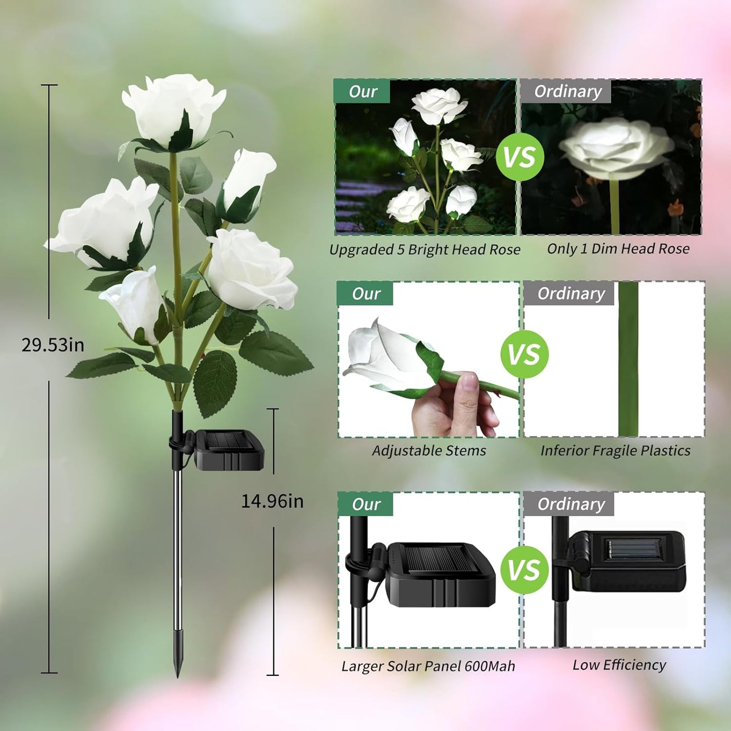 Solar Garden Lights, Solar Outdoor Lights with More Realistic 10 Rose Waterproof Solar Powered Flowers for Outside Patio Yard Pathway Decorations, 2 Pack White