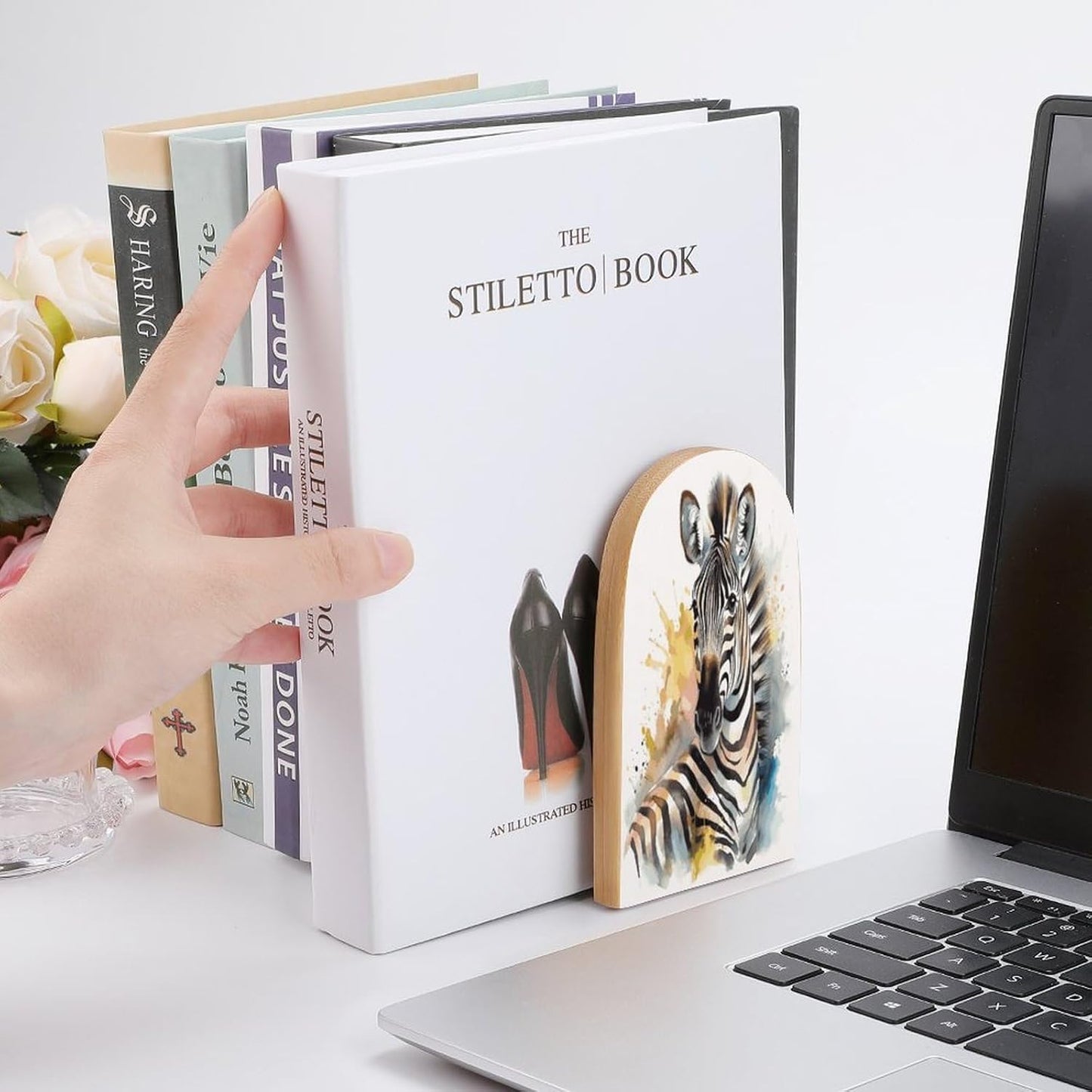 Cute Zebra Watercolor Bookends 1 Pair Heavy Duty Book Ends for Shelves Non-Skid Bookend Supports Wooden Book Holders with Metal Base Desk Organizers Books Storage to Hold Books