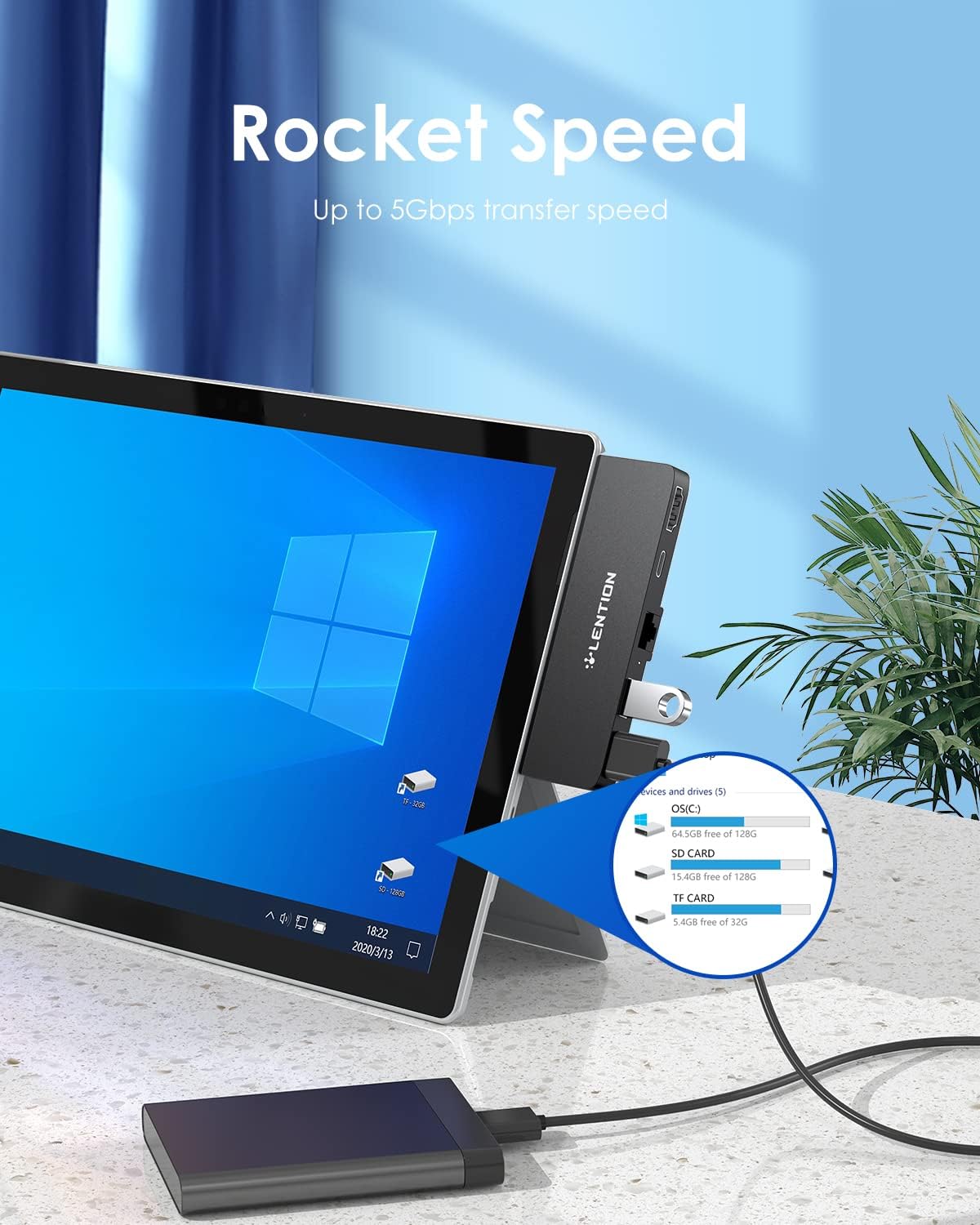 LENTION Surface Pro Dock, 5-in-1 Surface Pro 7 Hub, 4K@60Hz USBC to HDMI Hub, USB C to Gigabit Ethernet Hub, 2 x USB 3.0 Hub, PD 60W Type C Charging Port Hub(CS35, Black)