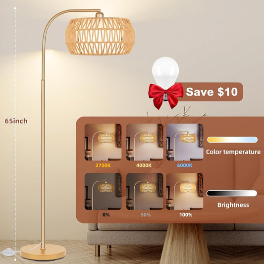 Boho Gold Floor Lamp- Rattan Lamp with Stepless Dimmable Bulb, Mid Century Modern Floor Lamp with 2 in 1 Lampshades, Bohemian Gold Tall Lamp for Living Room, Office, Classroom