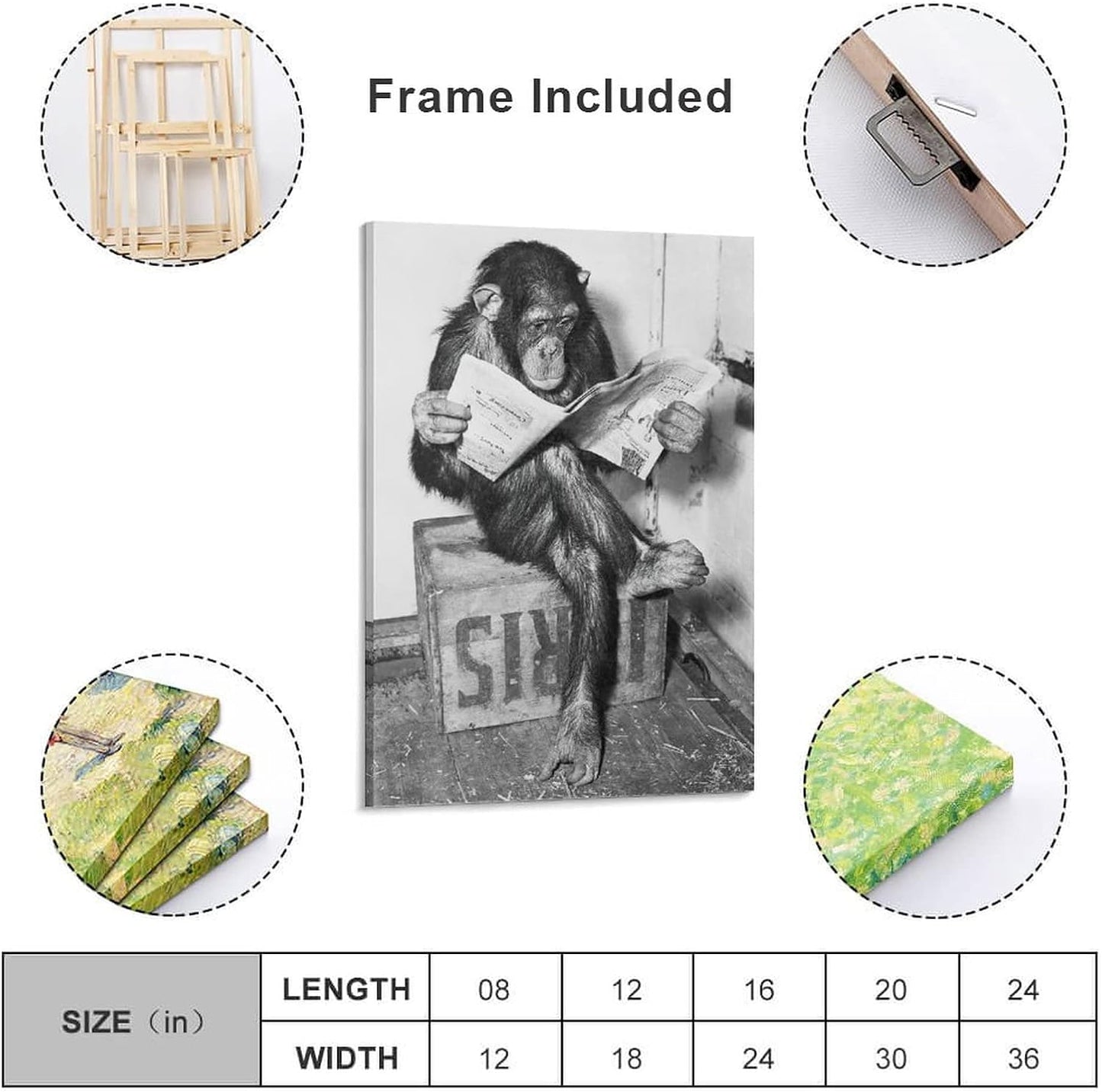 Animals Art Poster Monkey Reading Newspaper Canvas Painting Wall Art Posters and Prints Office Livin Canvas Painting Wall Art Poster for Bedroom Living Room Decor 20x30inch(50x75cm) Frame-Style-1