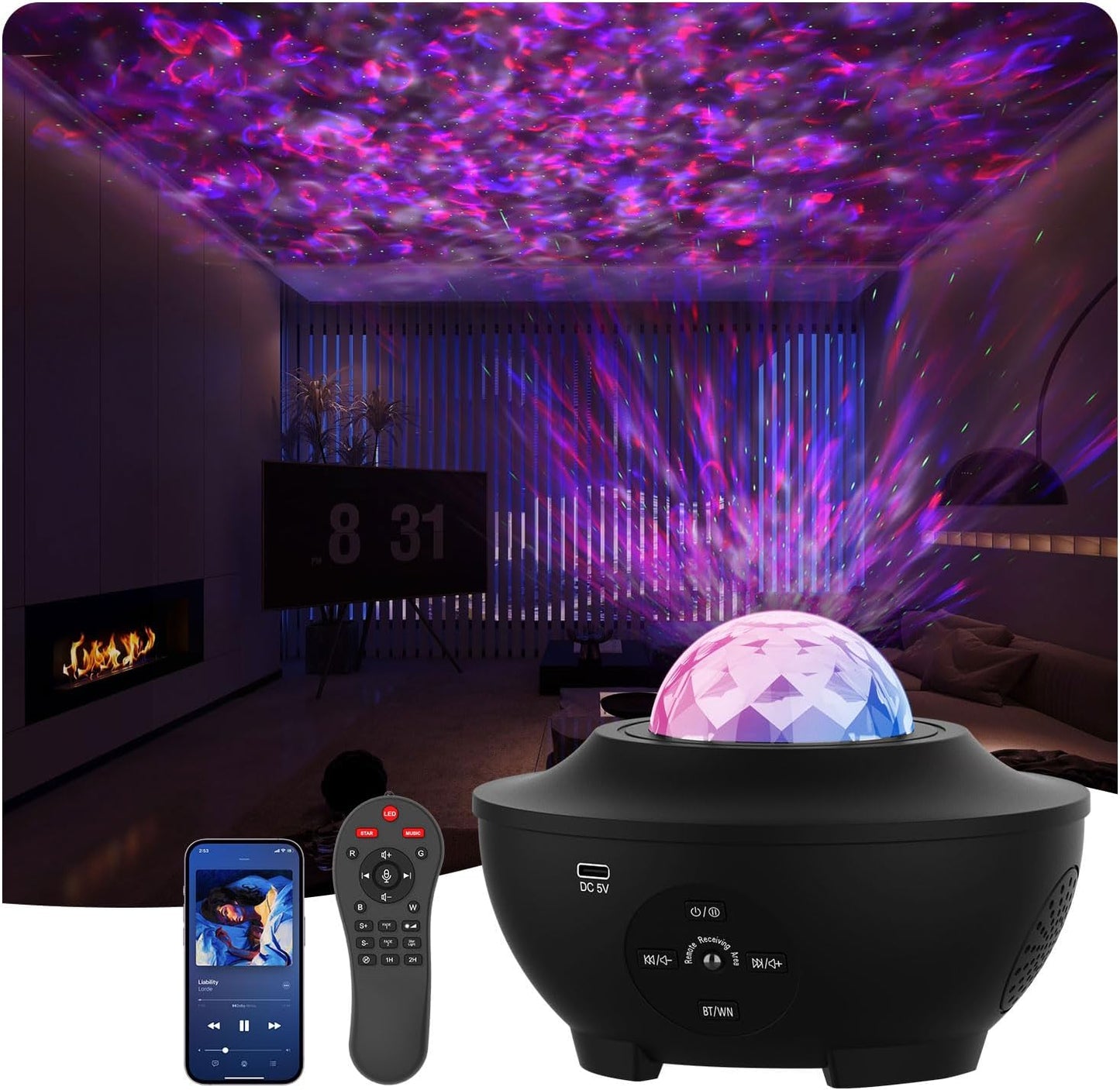 Elec3 Galaxy Projector for Bedroom, Ocean Light Projector with Bluetooth Speaker and RC Water Wave Lamp Northern Night Light Ocean Themed Decor Ambient Lights for Kids Adult Bedroom/Game Room Decor