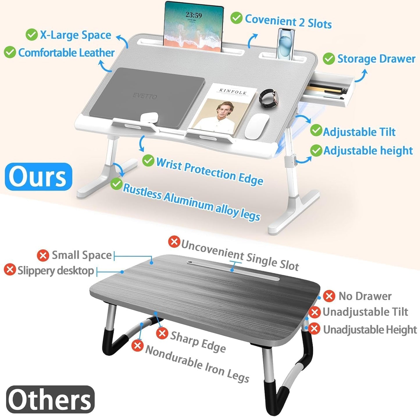 Laptop Bed Desk, X-Large Leather Adjustable Computer Bed Table Tray, Foldable Laptop Lap Desk for Bed Sofa Couch Floor Writing Eating Working with Drawer 2 Movable Stoppers (23.6 inch, Grey)