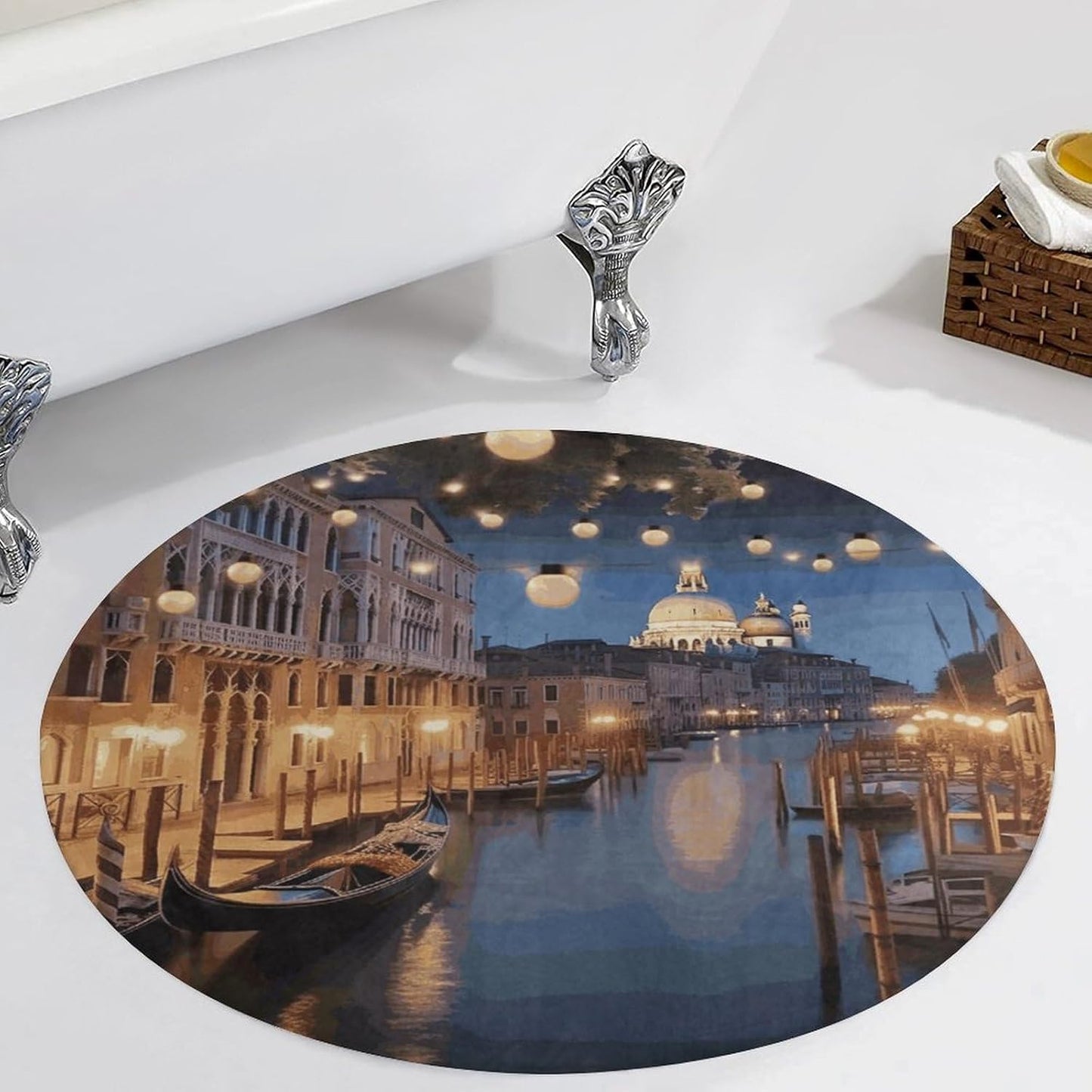 Beautiful Venice at Night Circle Rug Retro Luxury Coral Velvet Floor Mat Non Slip Soft Indoor Floor Carpet Comfy Thickened Area Rugs Modern Aesthetic Minimalist Carpets for Home Decor