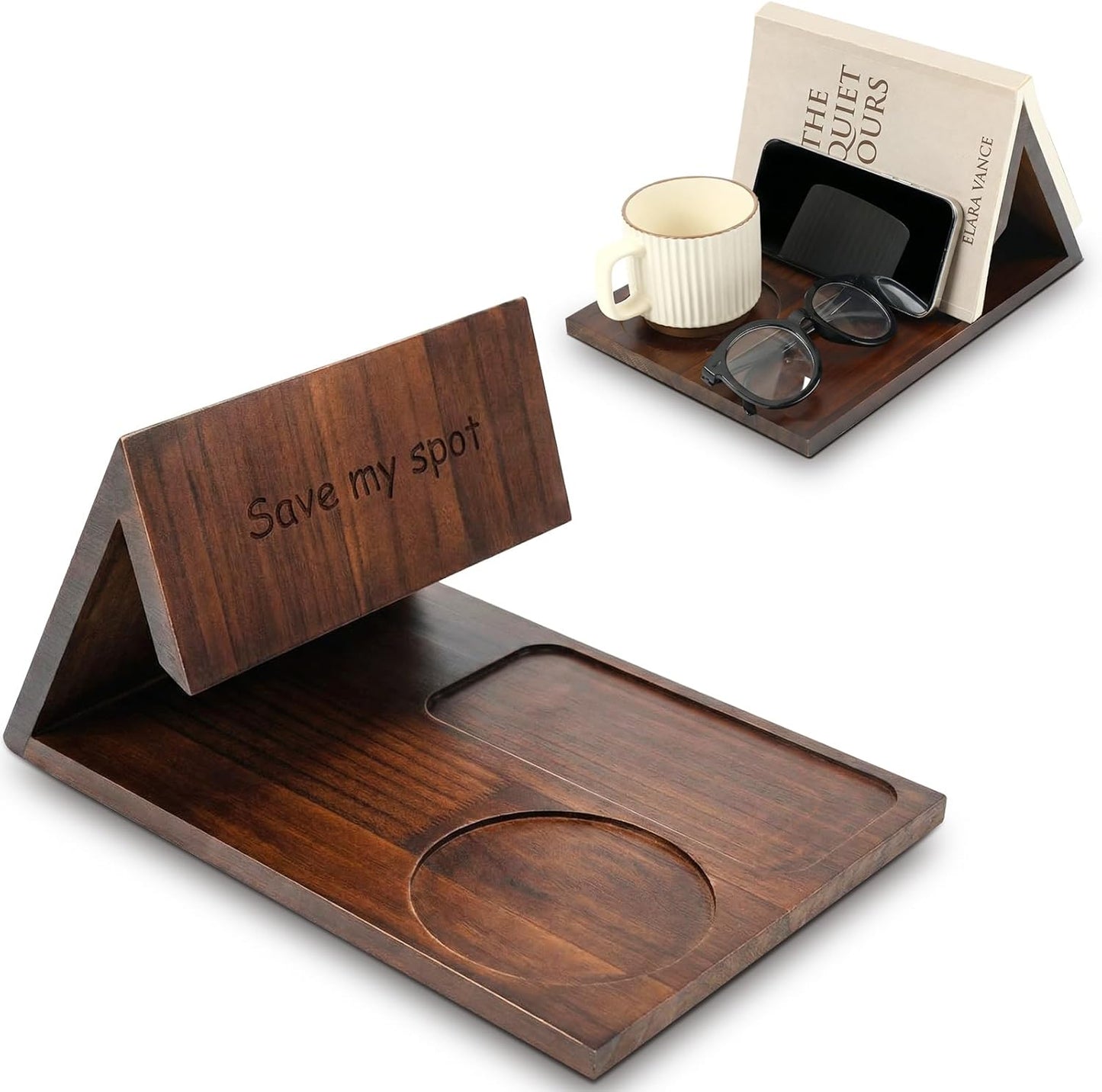Triangle Book Holder Triangle Wooden Bookholder with Cup Stand Phone Glasses Holder Acacia Reading Valet Bookholder for Bedroom, Nightstand or Office Desk, Home Library, Gift for Book Lover