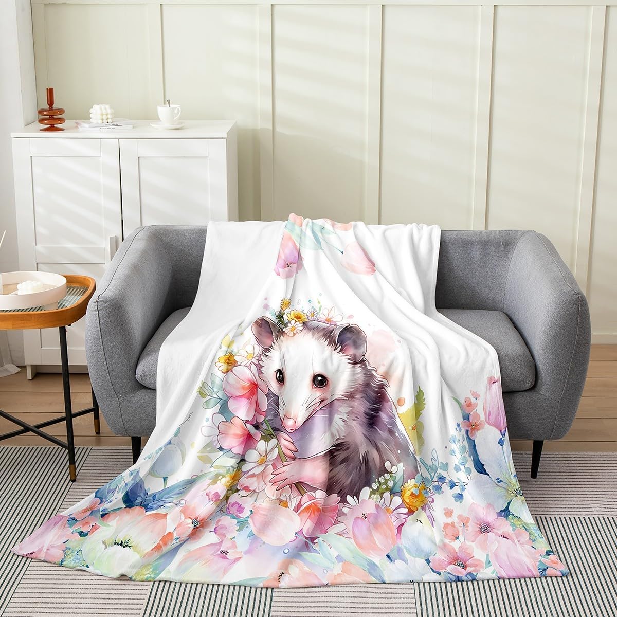 Feelyou Cute Opossum Flannel Fleece Throw Blanket Baby 30"x40" Boy Girl Cartoon Animal Theme Plush Blanket Flower Floral Print Fuzzy Blanket Farmhouse Zoo Wildlife Style Decor All Season Bed Blanket