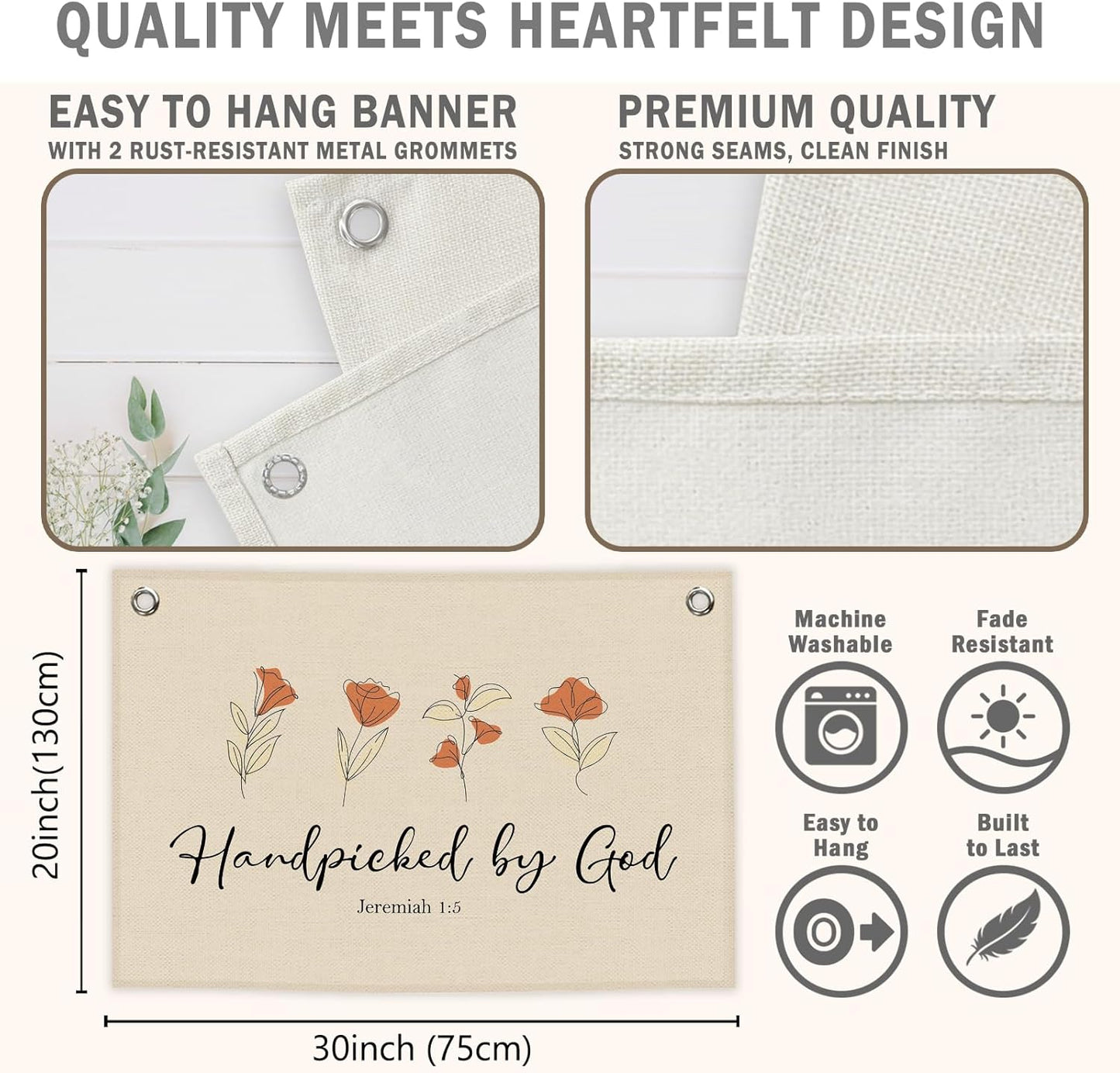 Nursery Christian Kids Banner Canvas, Flower Floral Toddler Room Decor,Handpicked by God Hanging Flag Sign, Positive Wall Tapestry Art for Baby Shower Classroom Playroom Bedroom Decor 20x30in