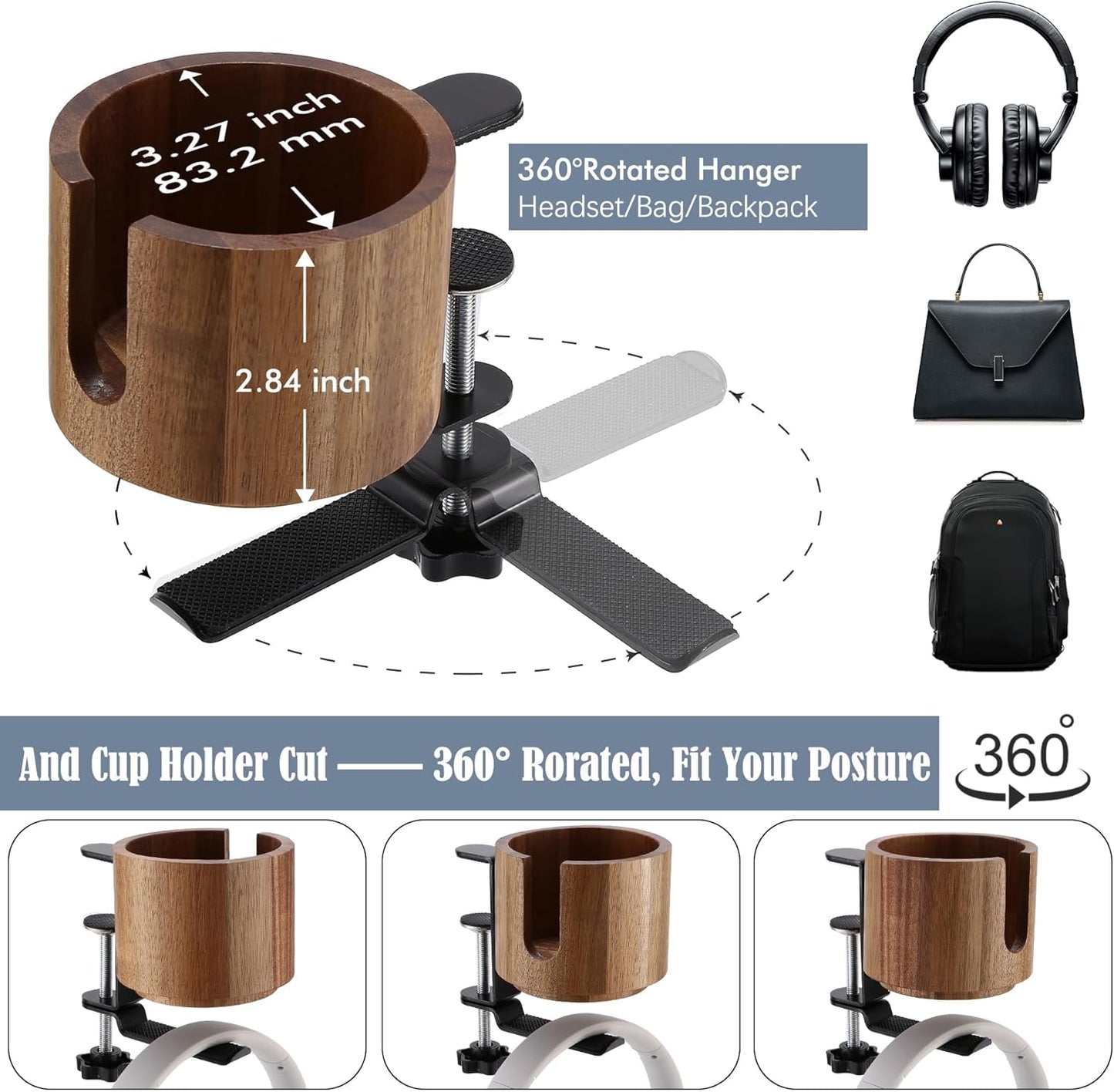 Nnewvante Desk Cup Holder, 2 in 1 360° Rotating Headphone Hanger Under Desk, 360° Anti-Spill Cup Holder, Table Cup Holder for Water Bottles, Gaming Desk Accessories - Acacia Wood