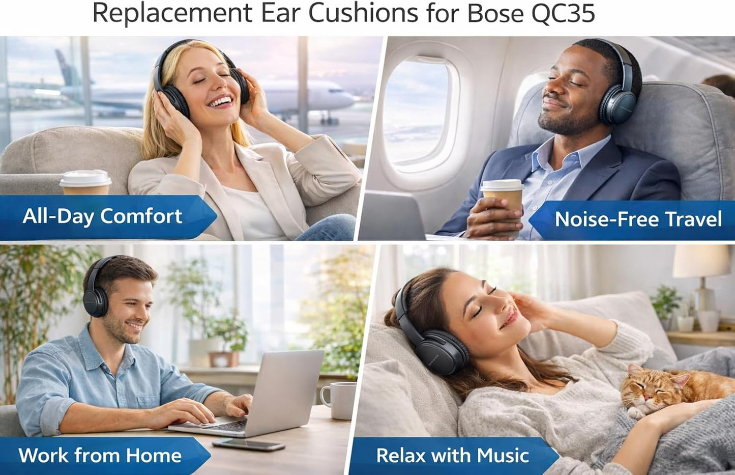 Noise-canceling Bose Earpads Replacement for Bose QC15 25 35&35II-Restore Canceling Noise-Block Noise as Original During Commute- Sweatproof & Secure Fit-Soft Memory Foam-Easy Install-Black