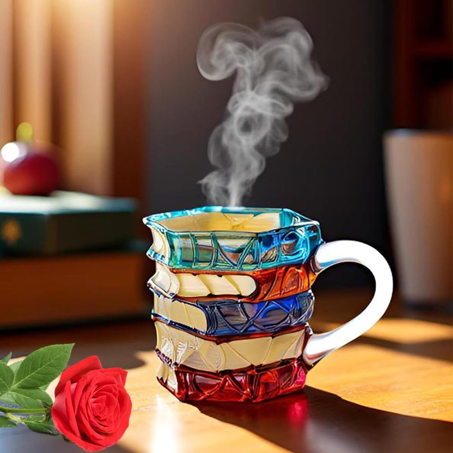 Handpainted Glass Book Stack Mug, 7oz, Literary Design Coffee Tea Cup for Readers and Writers (Small)