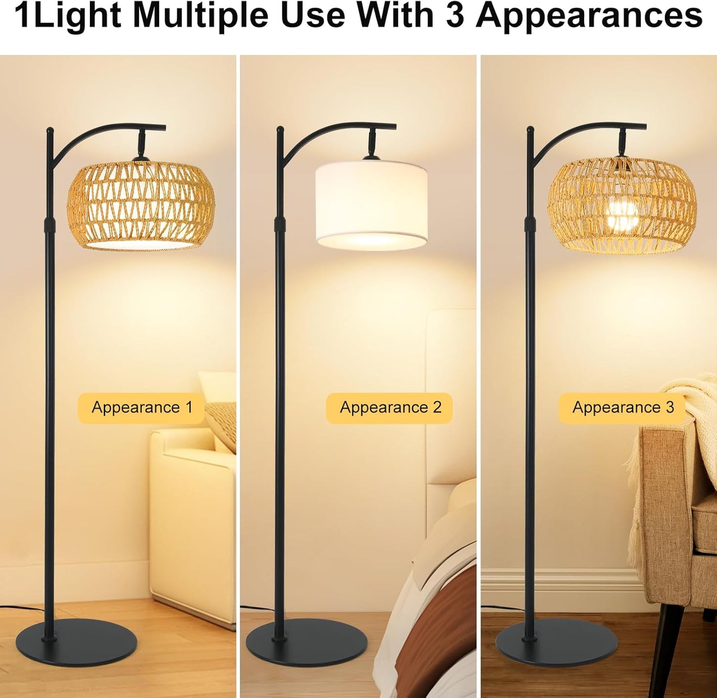 Boho Rattan Floor Lamp with Shade – 12W Bright Dimmable LED Bulb, Remote Control 3 Color Temperatures, Modern Farmhouse Handwoven Arc Standing Light for Living Room Bedroom