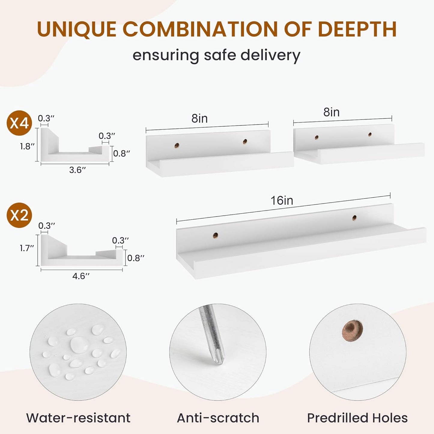 Axeman Picture Ledge Shelf, Floating Shelves for Wall Decor Storage Set of 6, 16 inch Floating Wall Mounted Shelves, Shelves with Lip for Living Room, Bedroom, Nursery, Bathroom, Kitchen, White