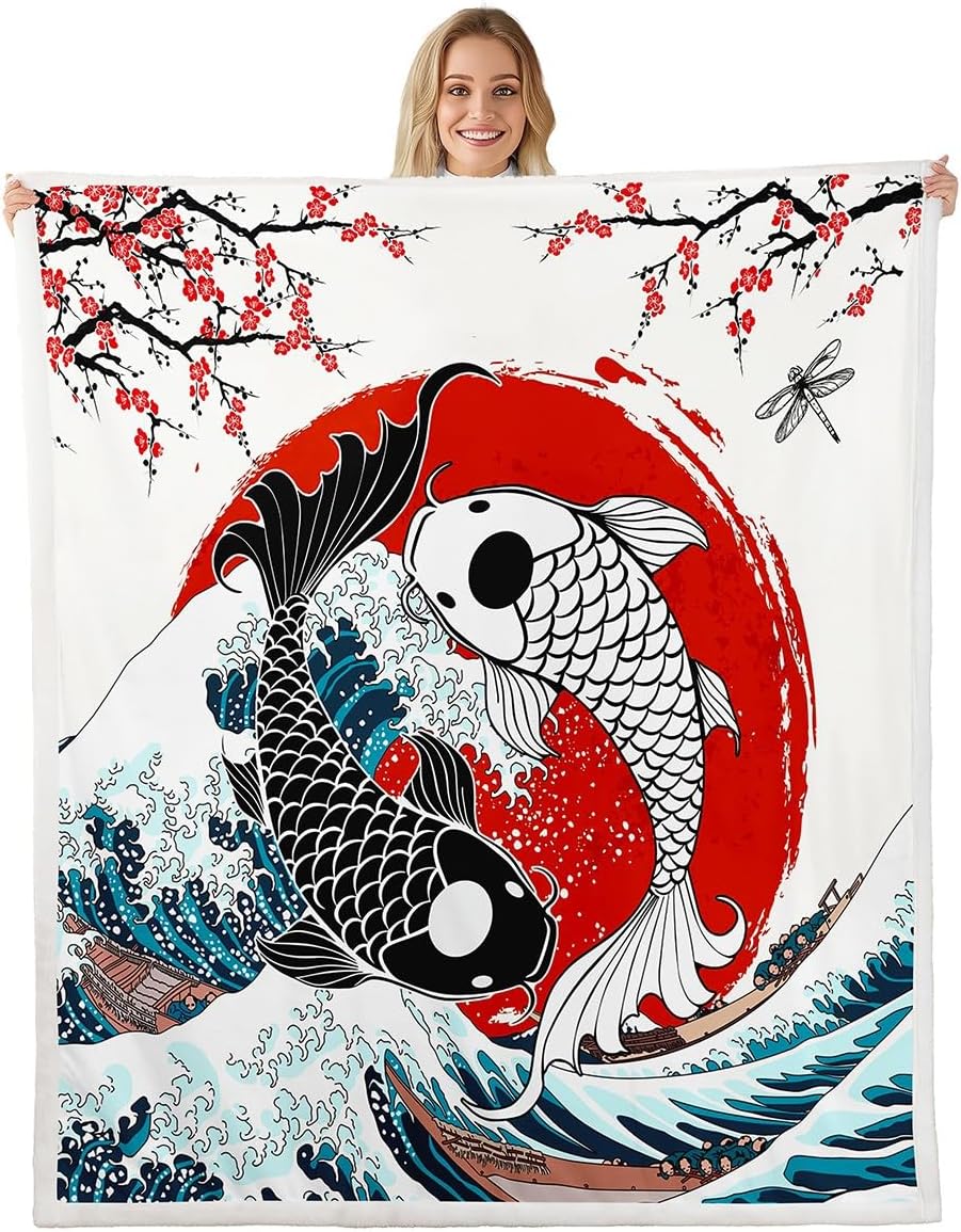 Japanese Ukiyoe Fish Throw Koi Toddler Fleece Blanket Kids Boys Adult Girls Japanese-Style Koi Animal Oriental Bedroom Decor