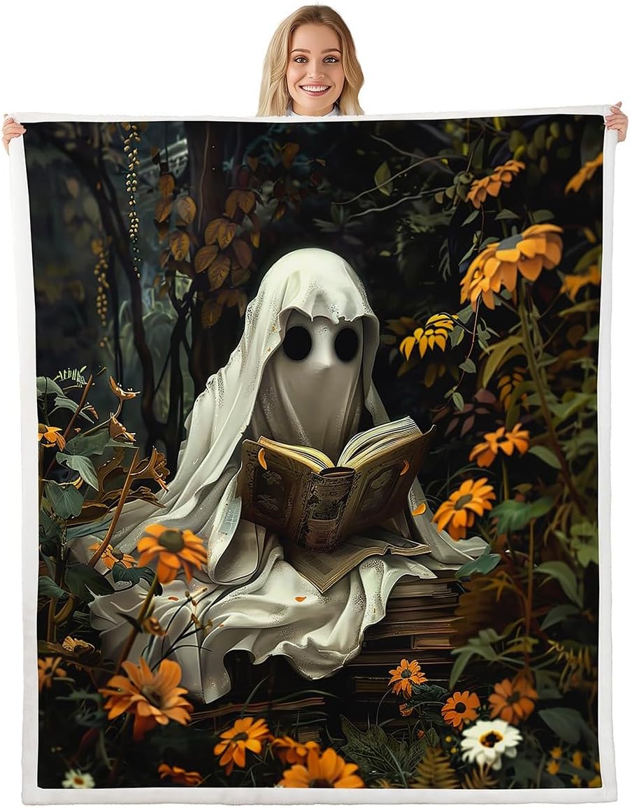 Halloween Ghost Throw Blanket,Mystic Book Reading Skull Bed Plush Blanket for Living Room Decor,Vintage Floral Plants Couch Bed Sofa Soft Cozy Kids Adults Teen Fleece 50"x60"