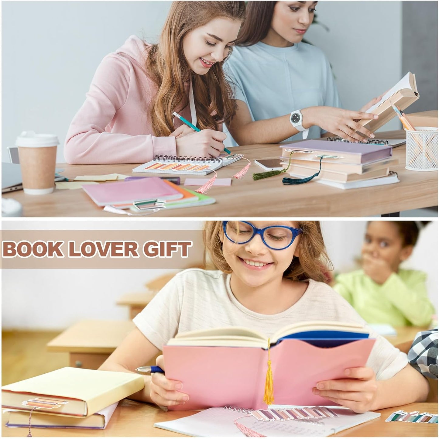 50 Pcs Book Tracker Bookmarks 6. 3 x 2. 2 Inch Bookshelf Design Page Markers Bookmarks with Tassel Book Lovers Gift Double Sided Cute Tracker for Back to School Supplies Gift Reading Salon Favors